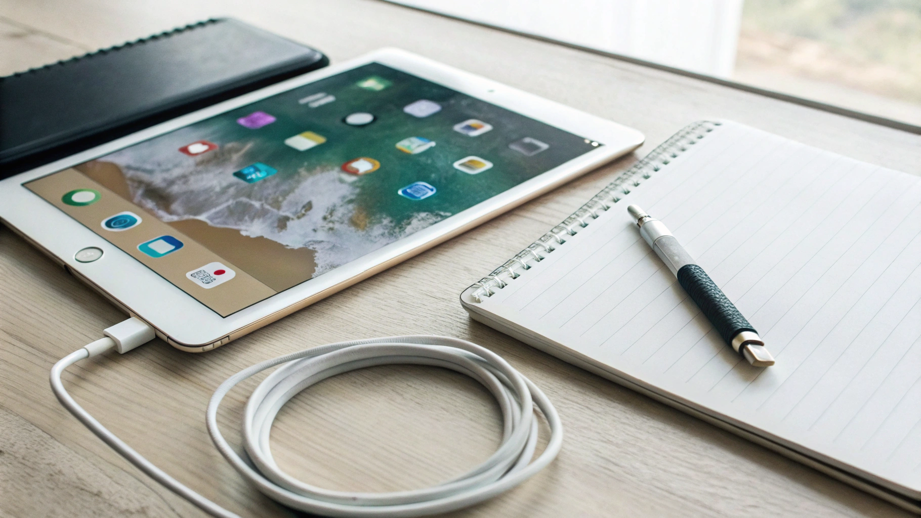 Проверка б/у iPad: планшет, кабель и чек-лист на столе