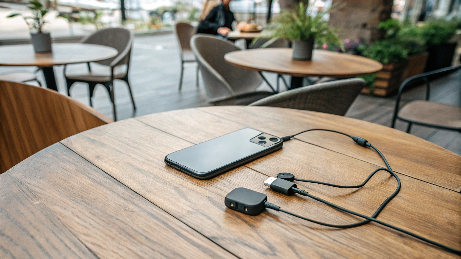 Беспроводные петлички с USB‑C приёмником для iPhone на столе в кафе