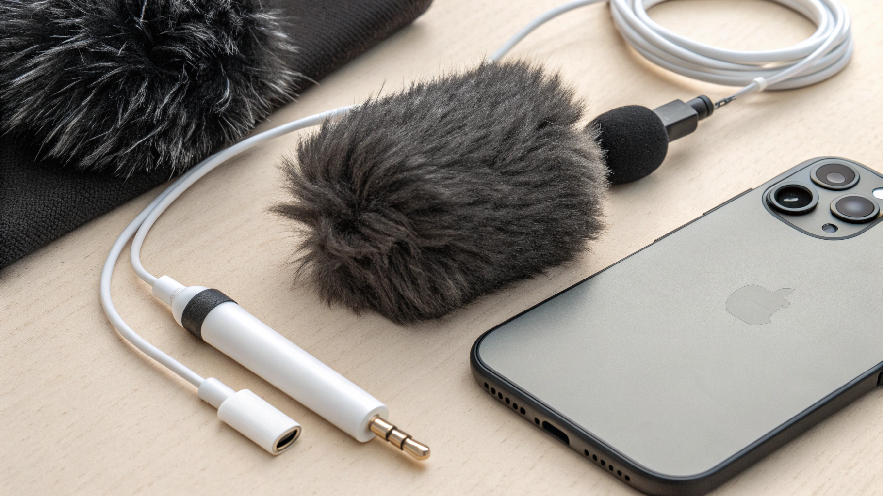 Переходник USB‑C–3,5 мм, петличка TRRS и поролоновые и меховые ветрозащиты рядом с iPhone