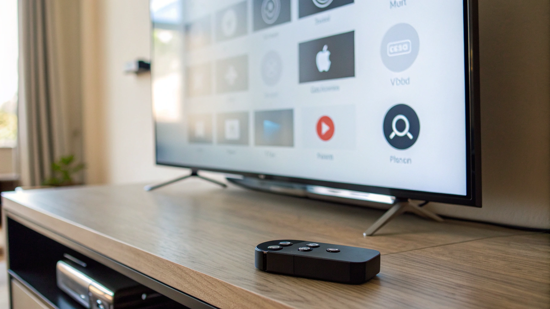 Экран с настройками tvOS для AirPlay и Wi‑Fi, доночка‑приставка рядом