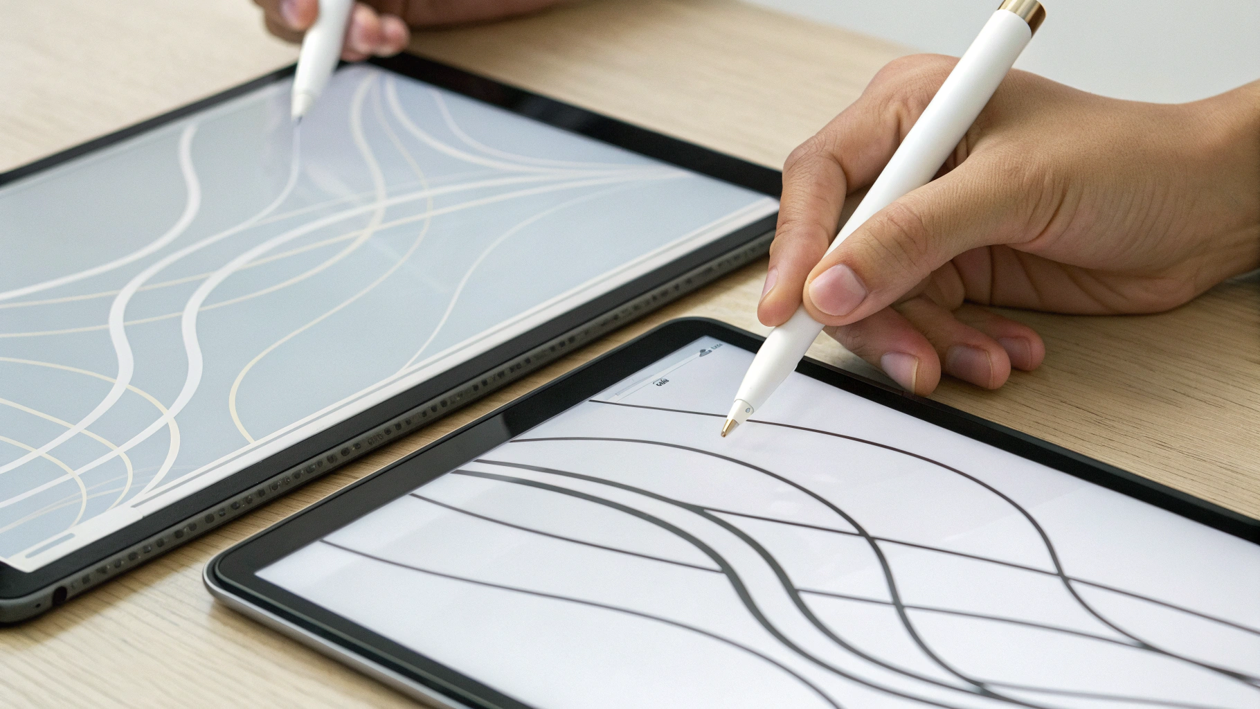 Крупный план пера M‑Pencil и Apple Pencil Pro на экранах планшетов; видно сглаживание линии и задержку