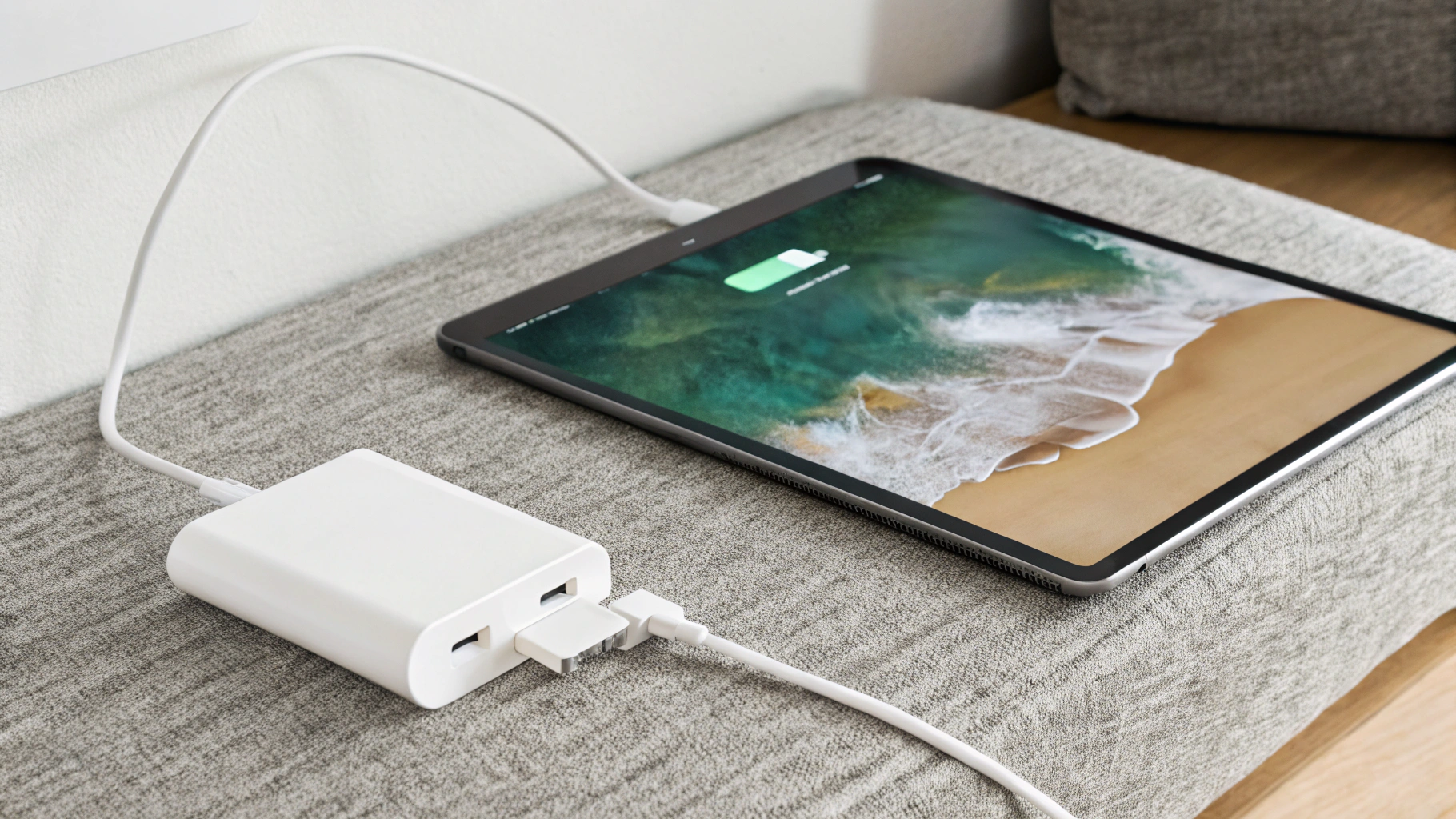 Планшет на зарядке по USB‑C с отображением процента и быстрым набором первых 50%