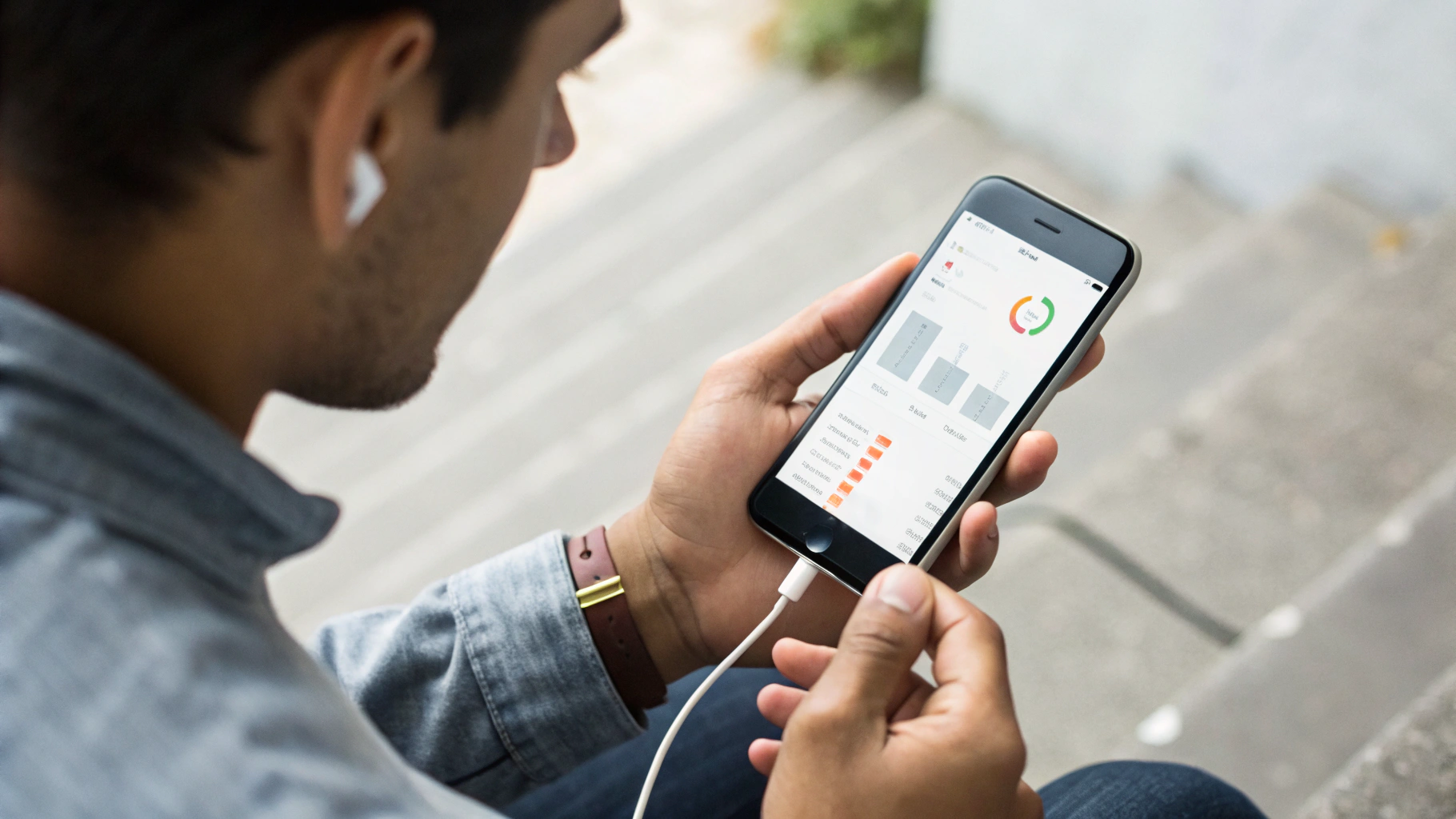 Пользователь держит iPhone в руке и смотрит на экране статистику работы батареи и производительности