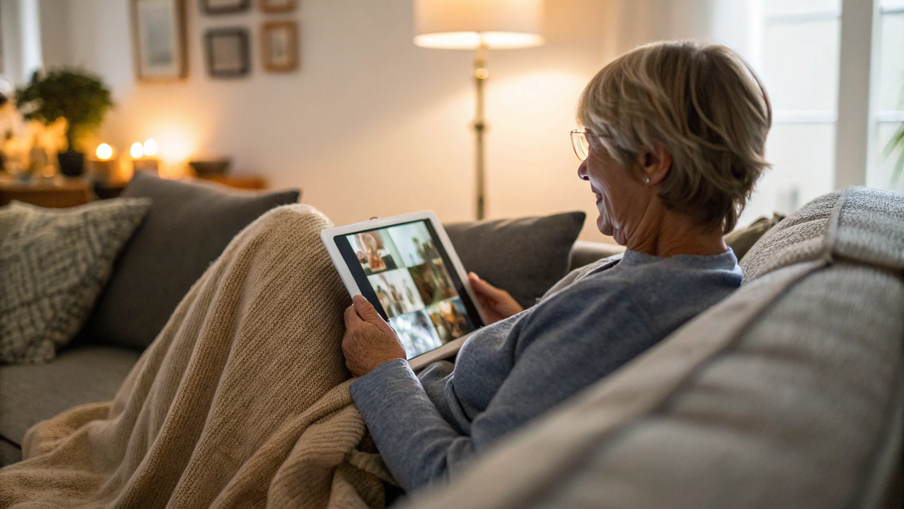 Пользователь с старым iPad на диване использует планшет для чтения и видео