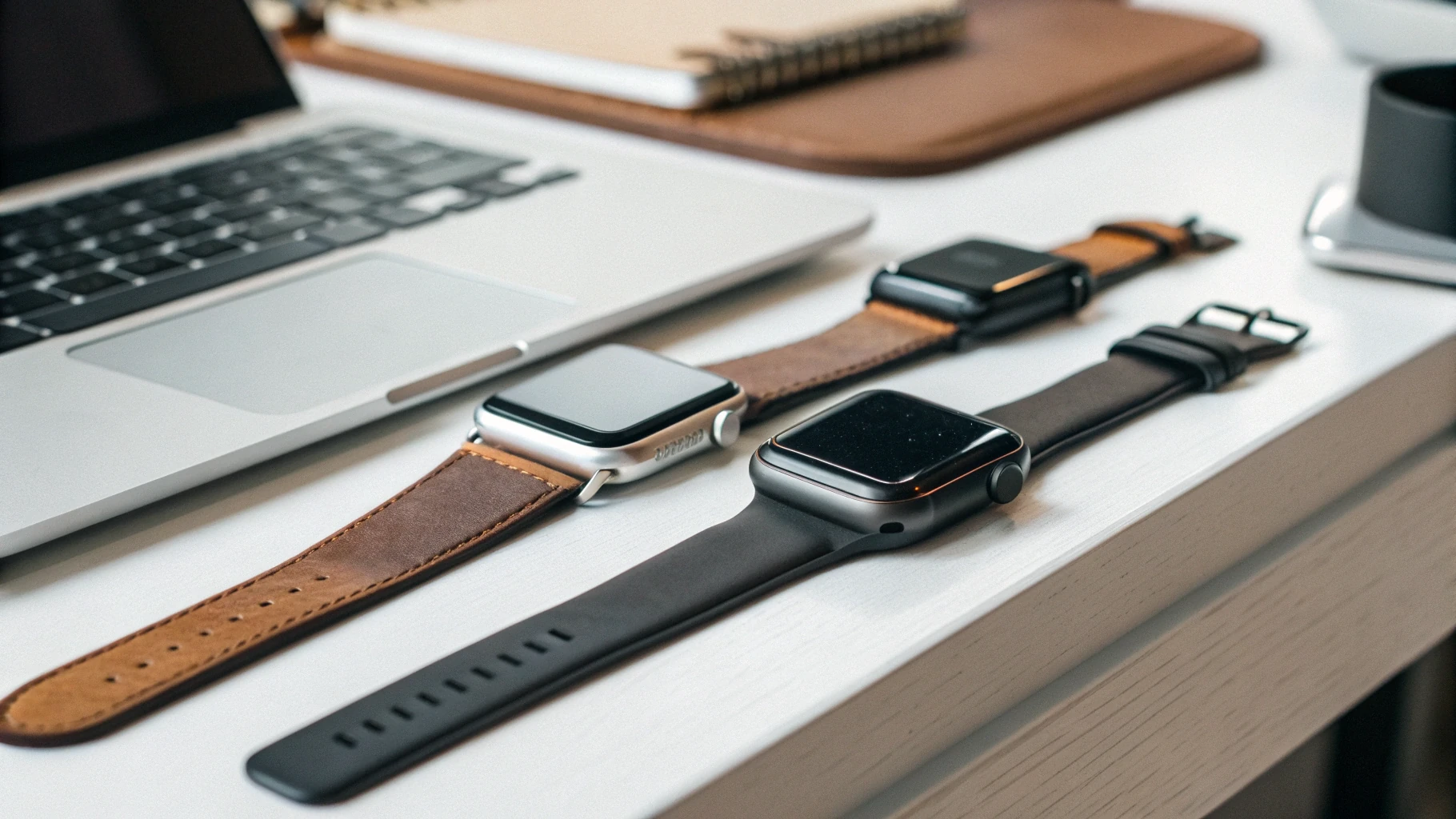 Линейка смарт-часов Apple Watch SE и Series на столе для наглядного сравнения дизайна и экранов
