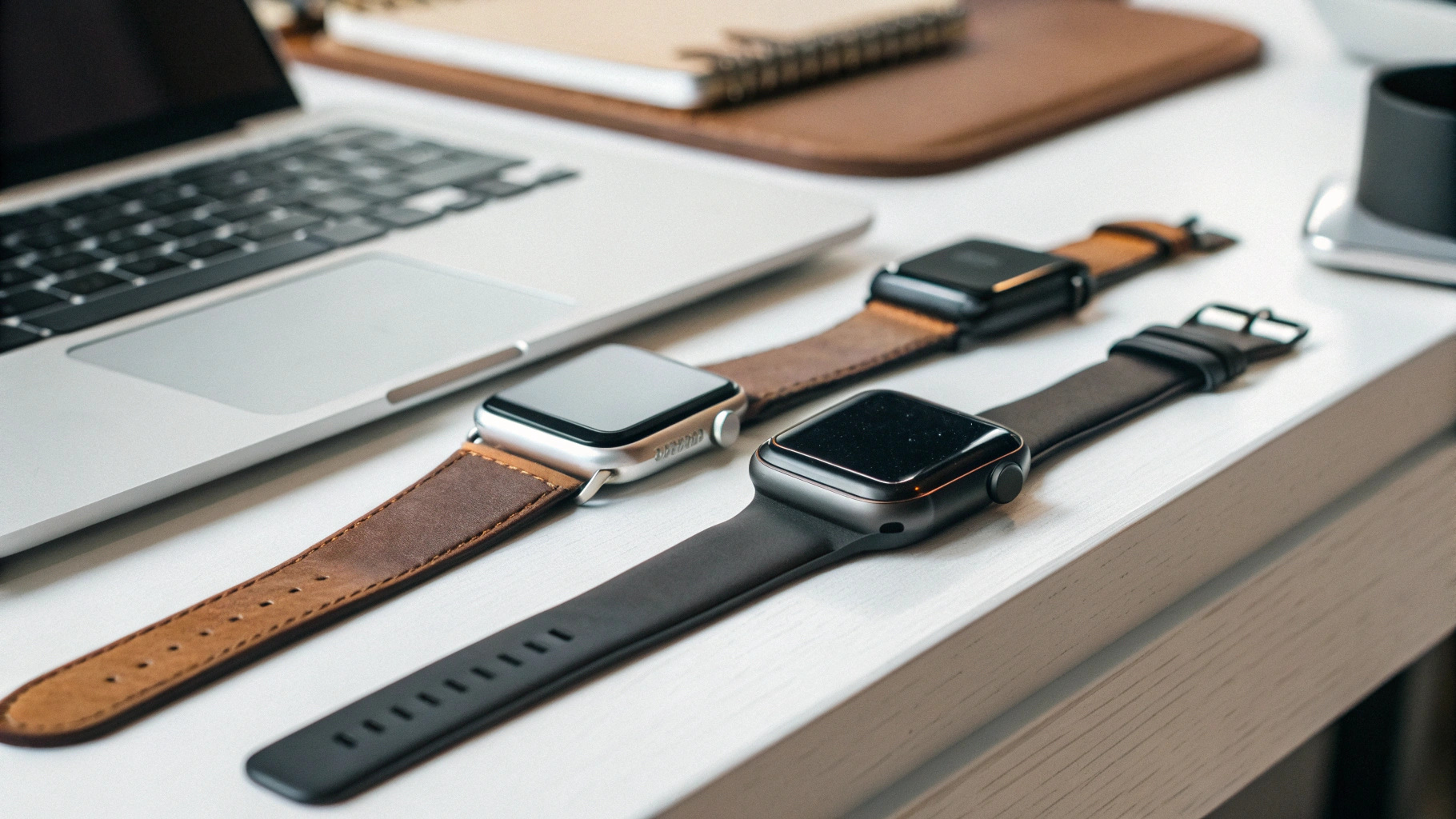 Линейка смарт-часов Apple Watch SE и Series на столе для наглядного сравнения дизайна и экранов