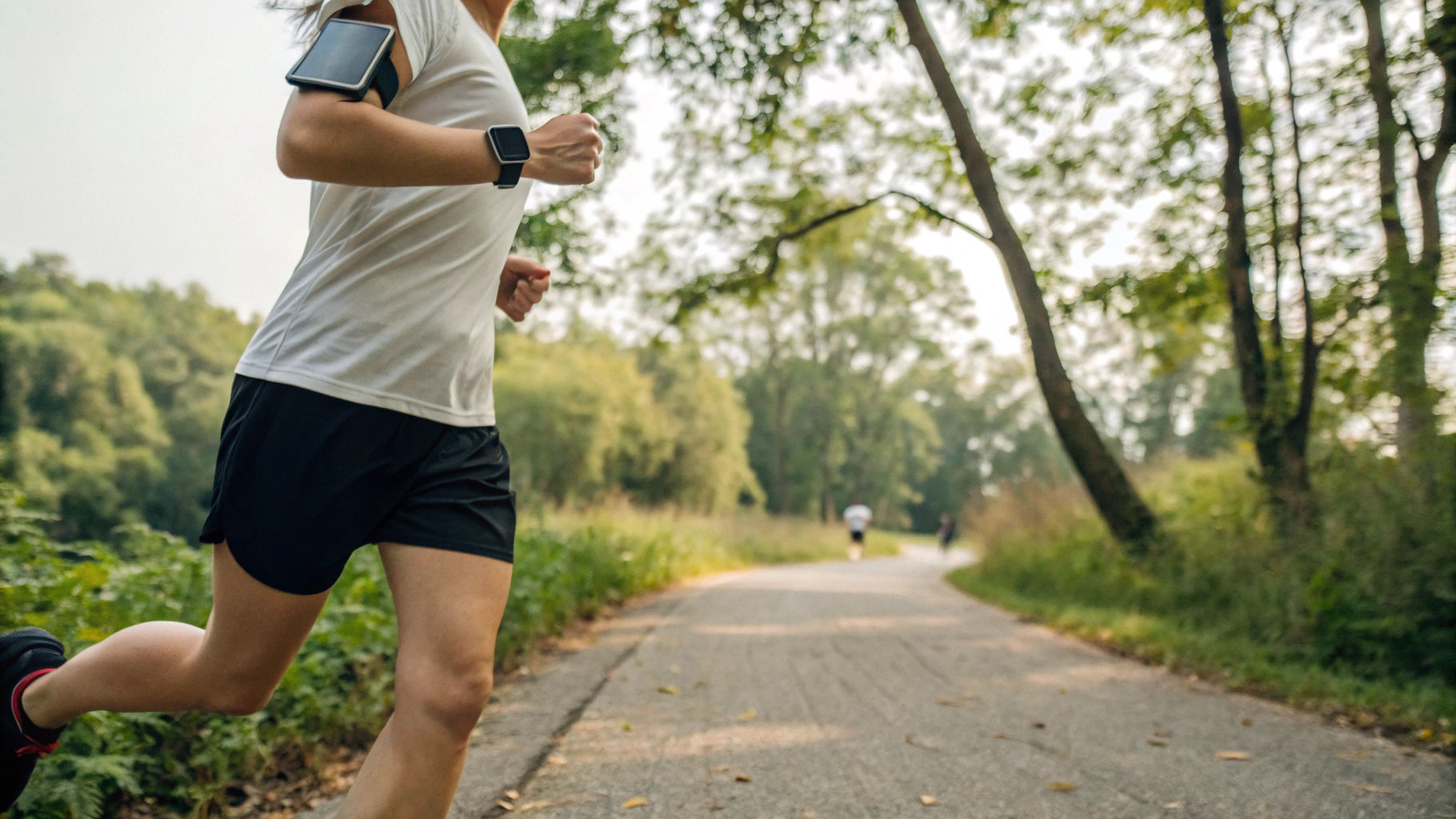 Пользователь смотрит статистику тренировки и пульс на дисплее Apple Watch во время пробежки