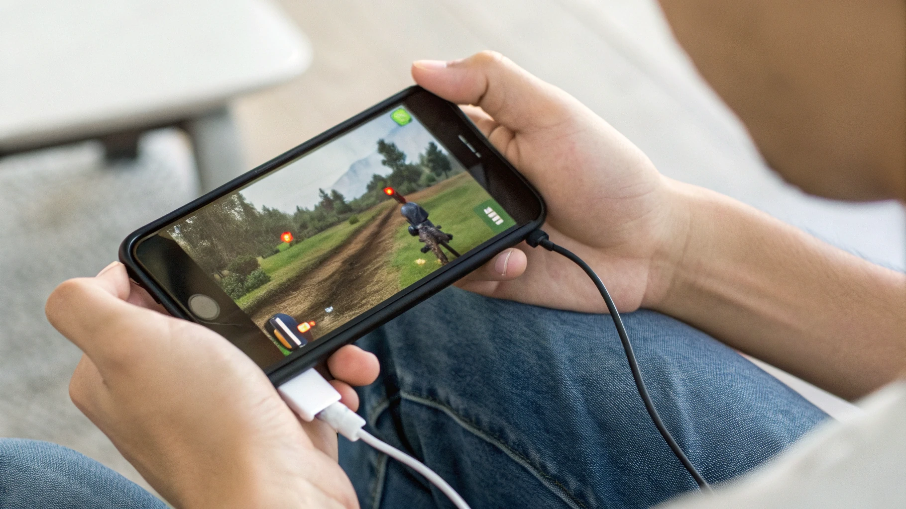 Игрок держит iPhone с запущенной игрой, подчёркивая расход батареи и нагрев