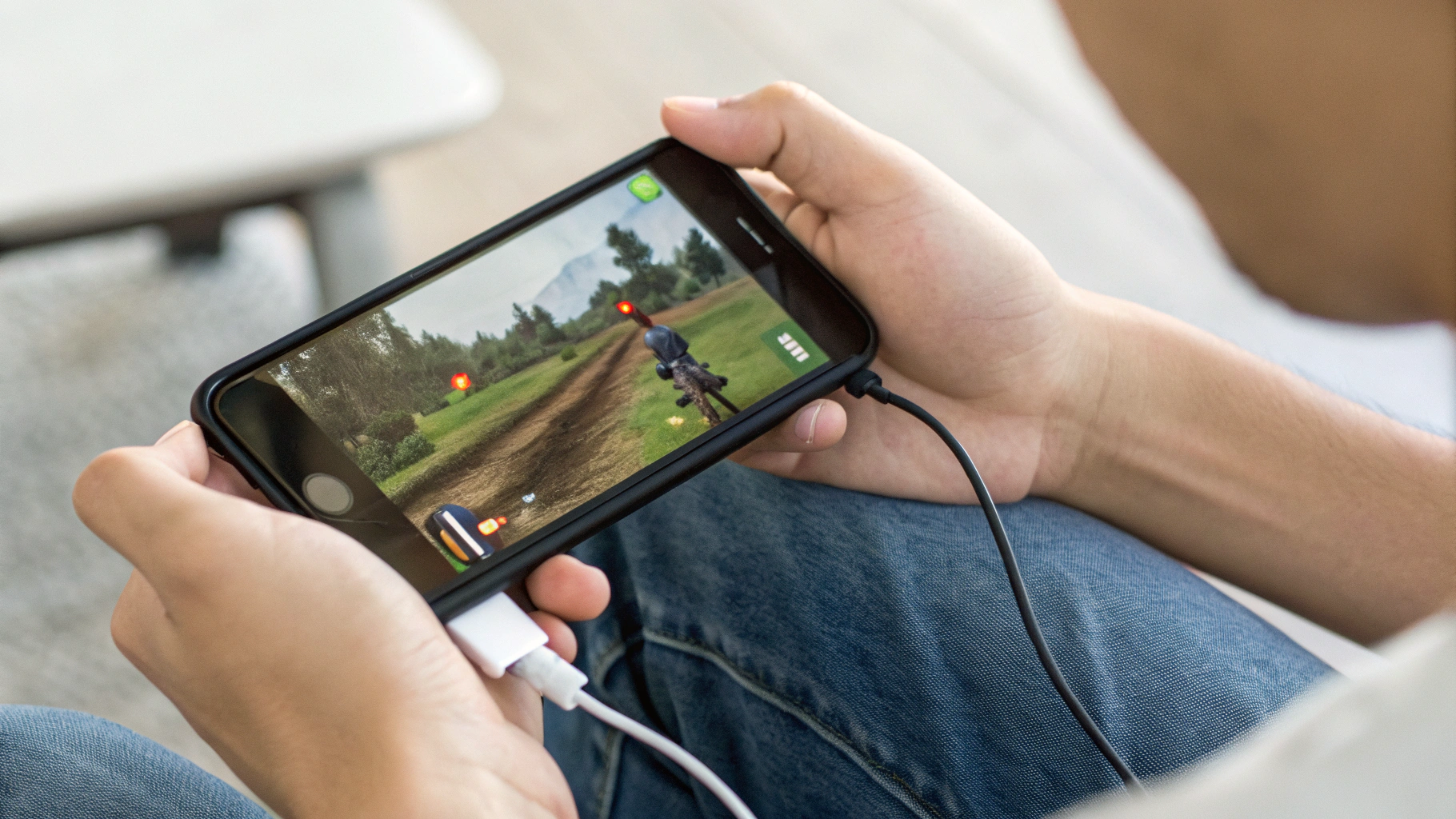 Игрок держит iPhone с запущенной игрой, подчёркивая расход батареи и нагрев