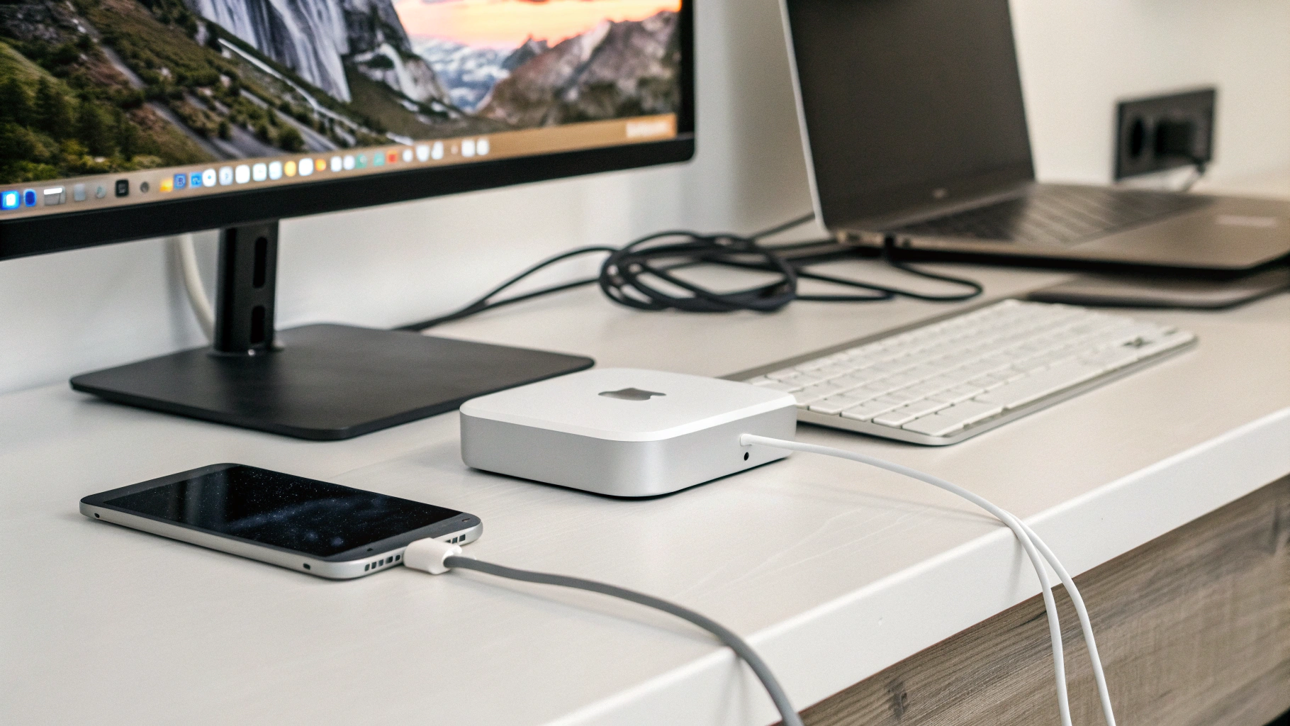 Mac mini, подключенный к монитору на домашнем рабочем столе