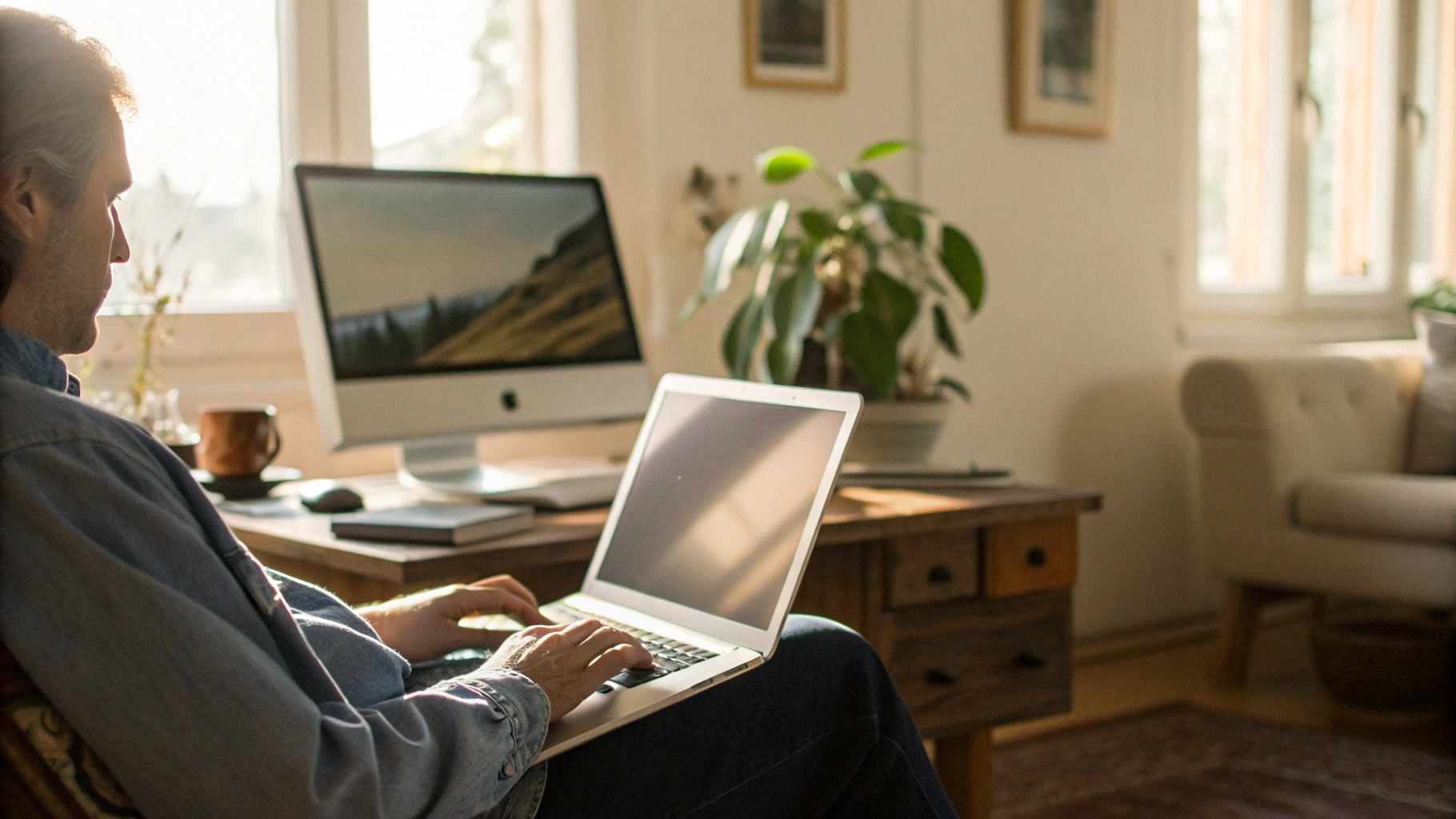 Человек работает за MacBook Air дома, на заднем плане видно старый iMac