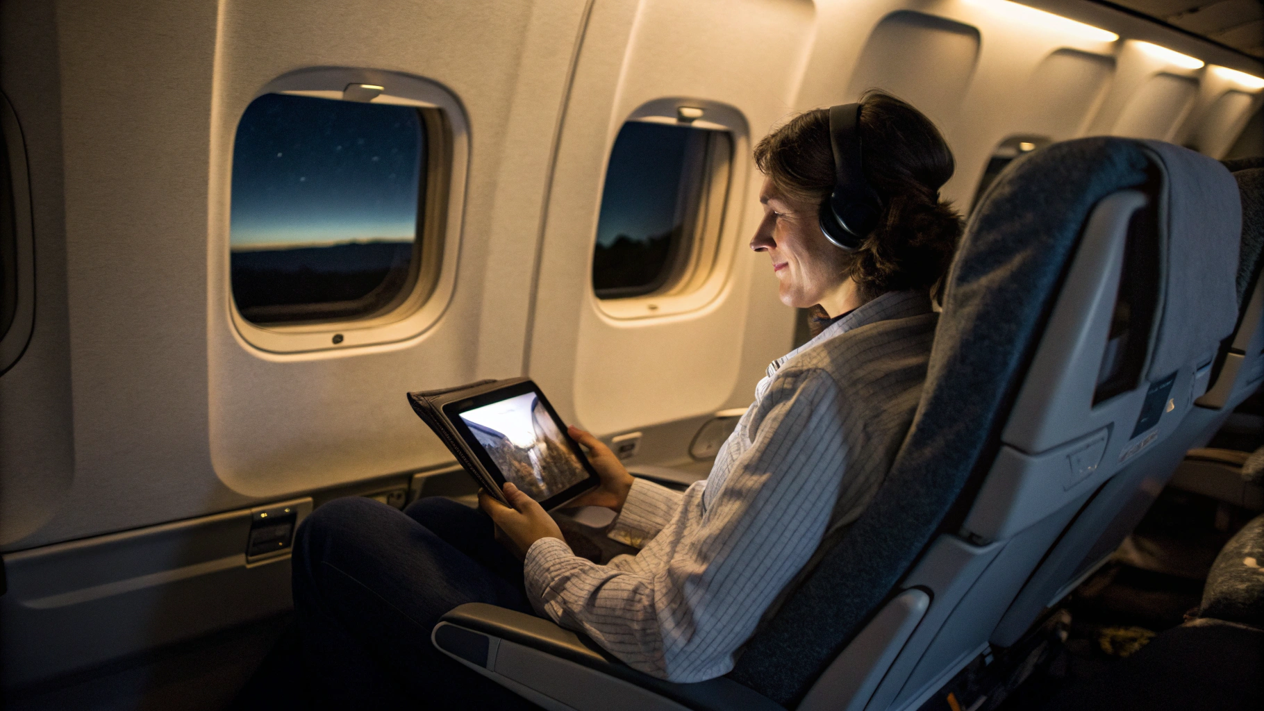 Просмотр фильма на планшете во время поездки в самолёте