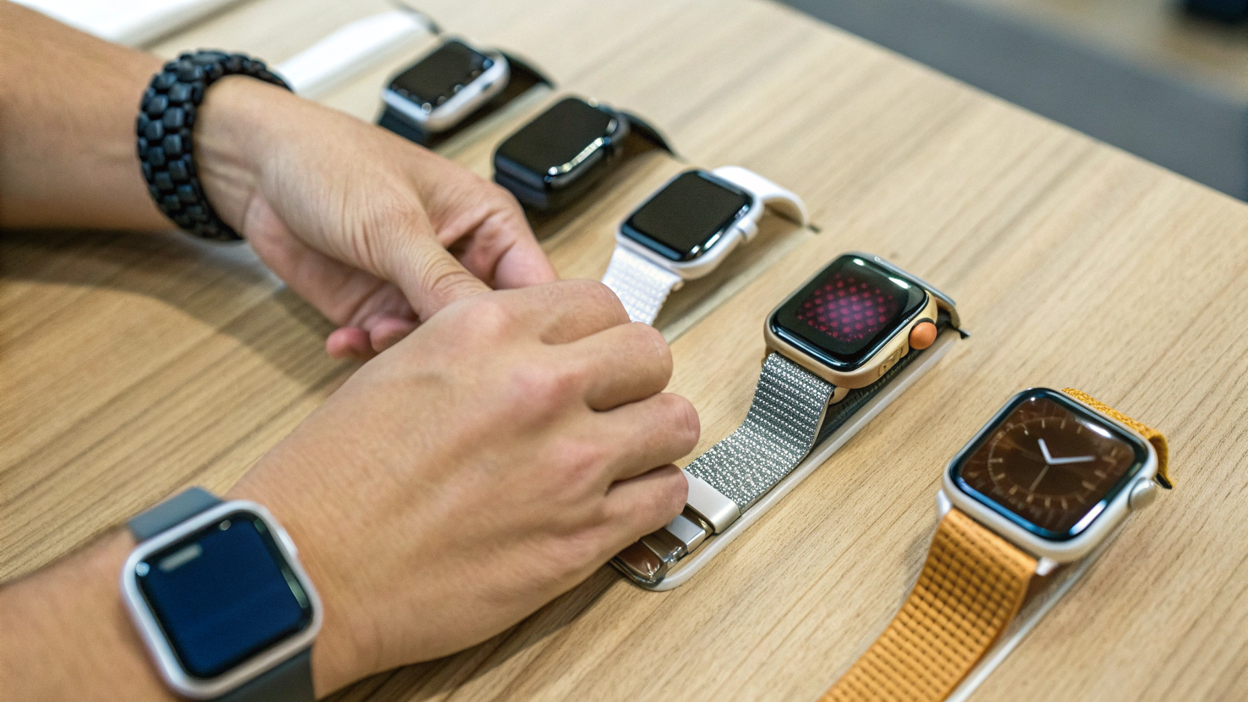 Покупатель выбирает между несколькими моделями Apple Watch на столе
