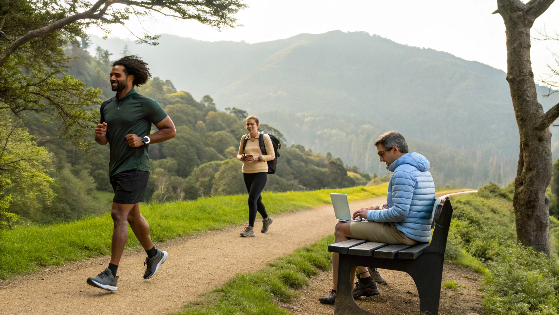 Три пользователя с разными моделями Apple Watch в спорте, путешествиях и офисе