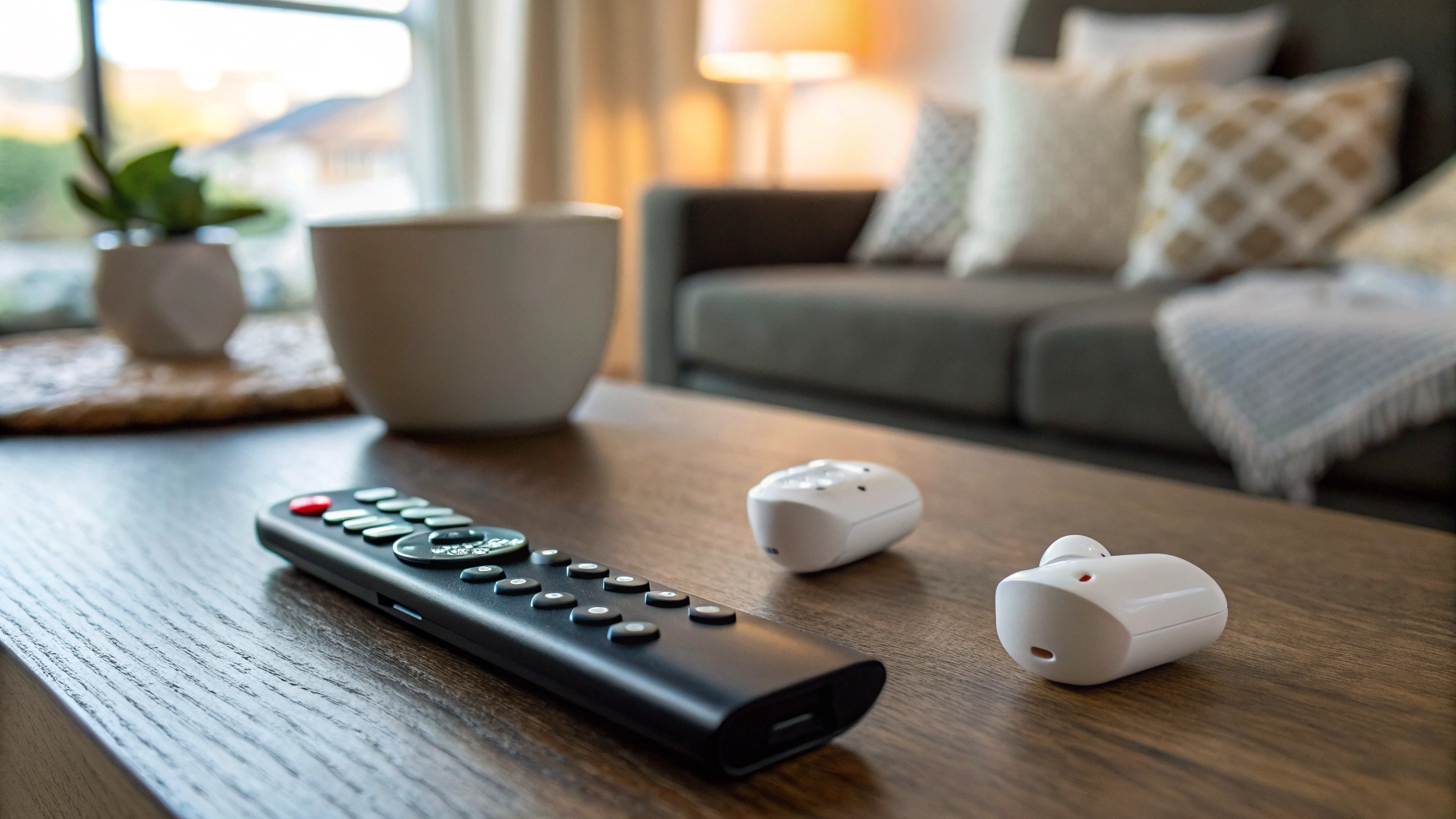 TWS-наушники и пульт от телевизора на журнальном столике в гостиной