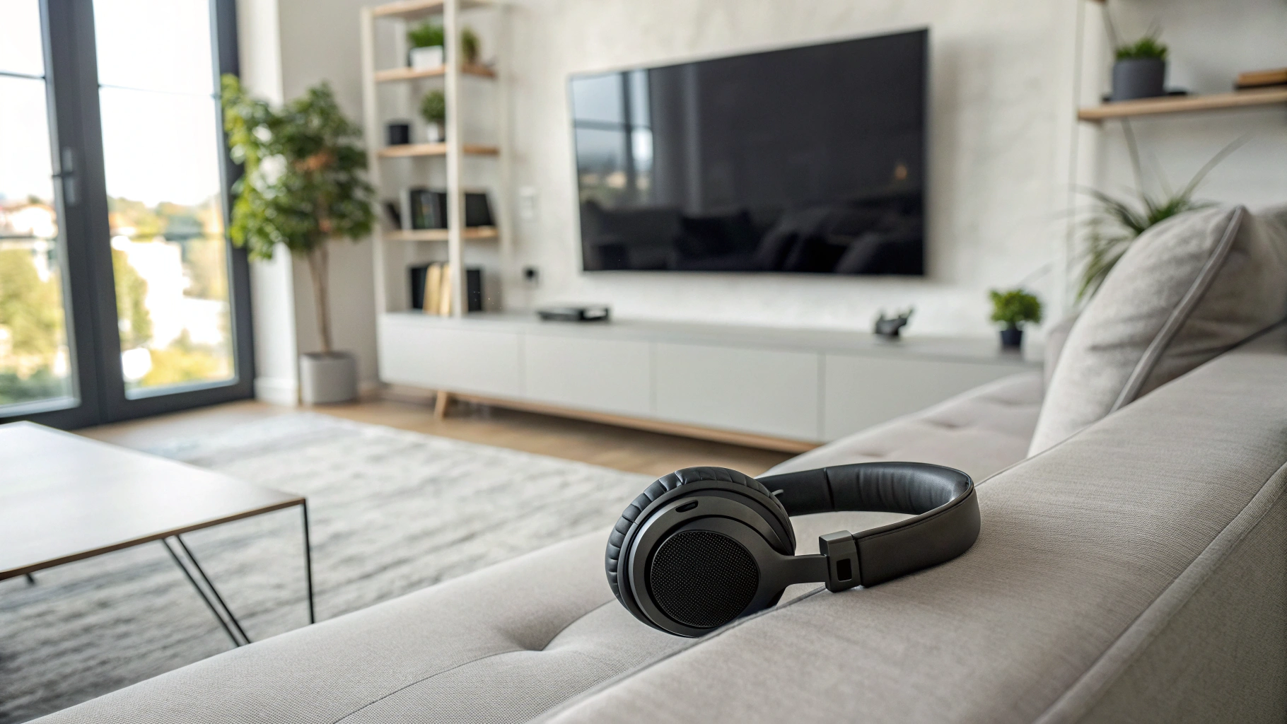 Полноразмерные Bluetooth-наушники на диване рядом с включённым телевизором