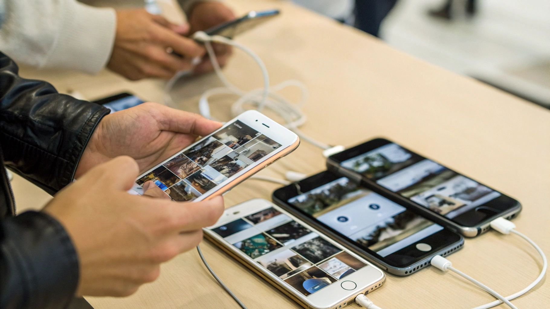 Покупатель сравнивает несколько смартфонов Samsung по камере в магазине