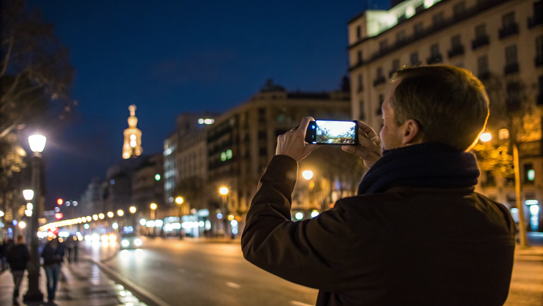 Турист снимает ночной город на камеру смартфона Samsung