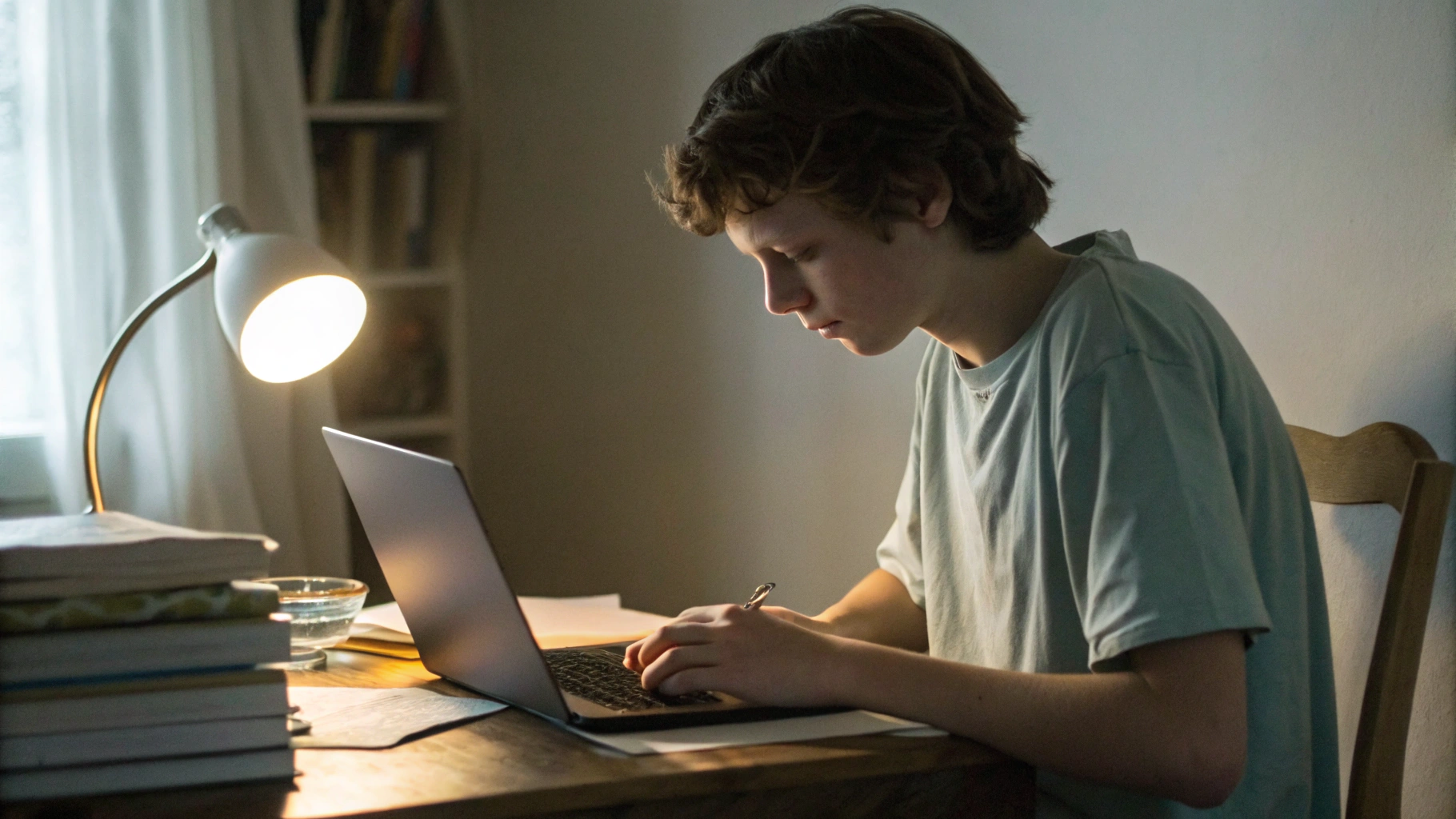 Школьник дома делает уроки за ноутбуком на Windows среди учебников