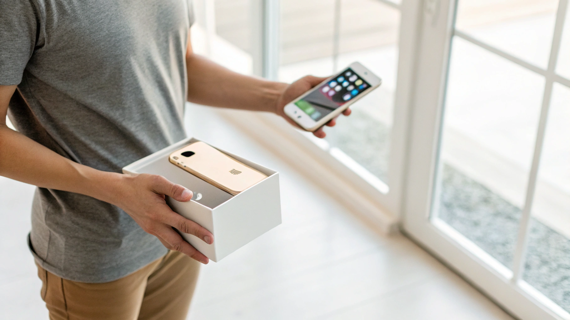 Покупатель выбирает между б/у iPhone 15 Pro и новой коробкой с iPhone 16