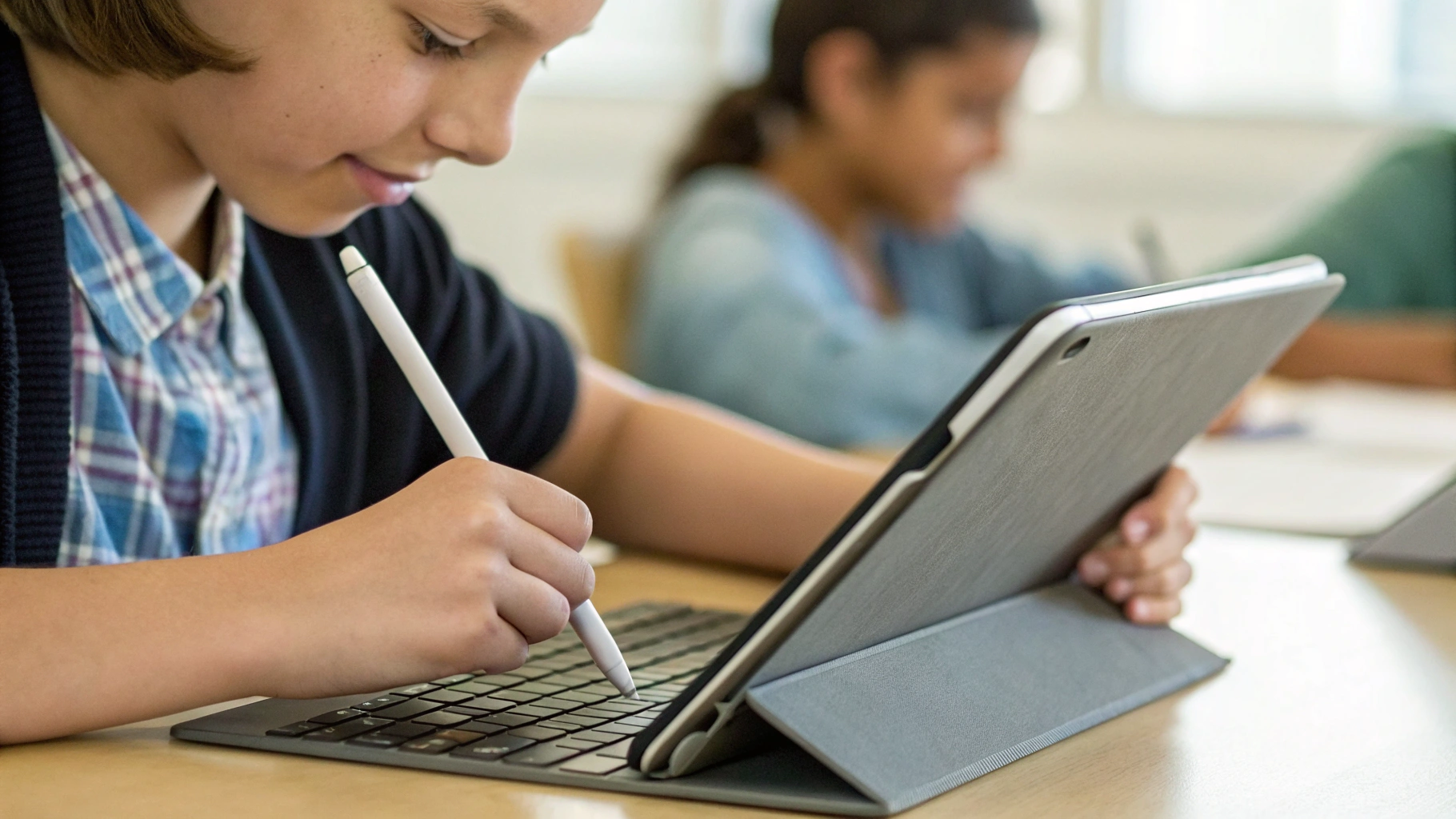 Школьник использует планшет с клавиатурой и стилусом для выполнения домашнего задания