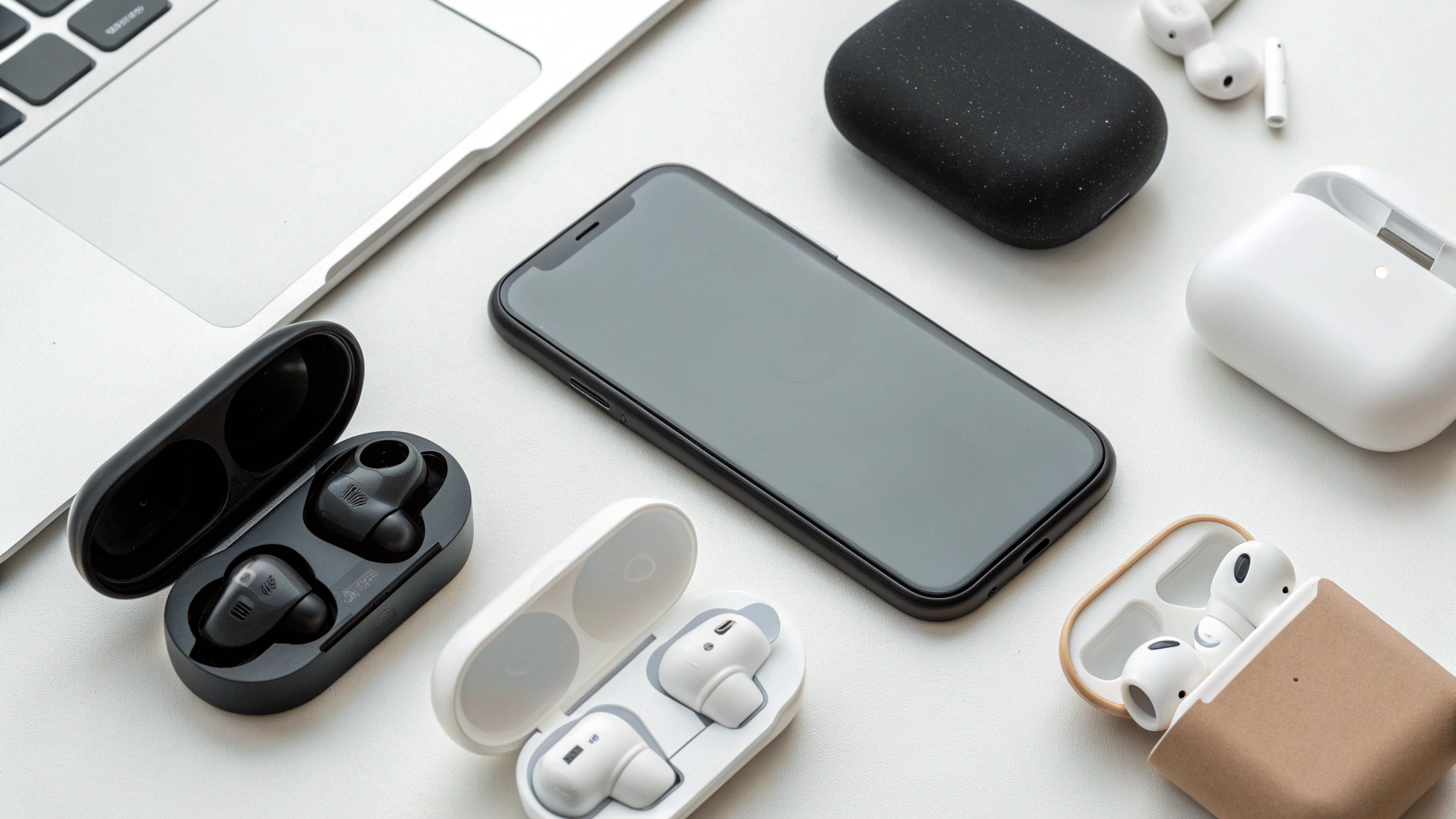 Разные типы TWS-наушников и кейсов рядом со смартфоном на столе