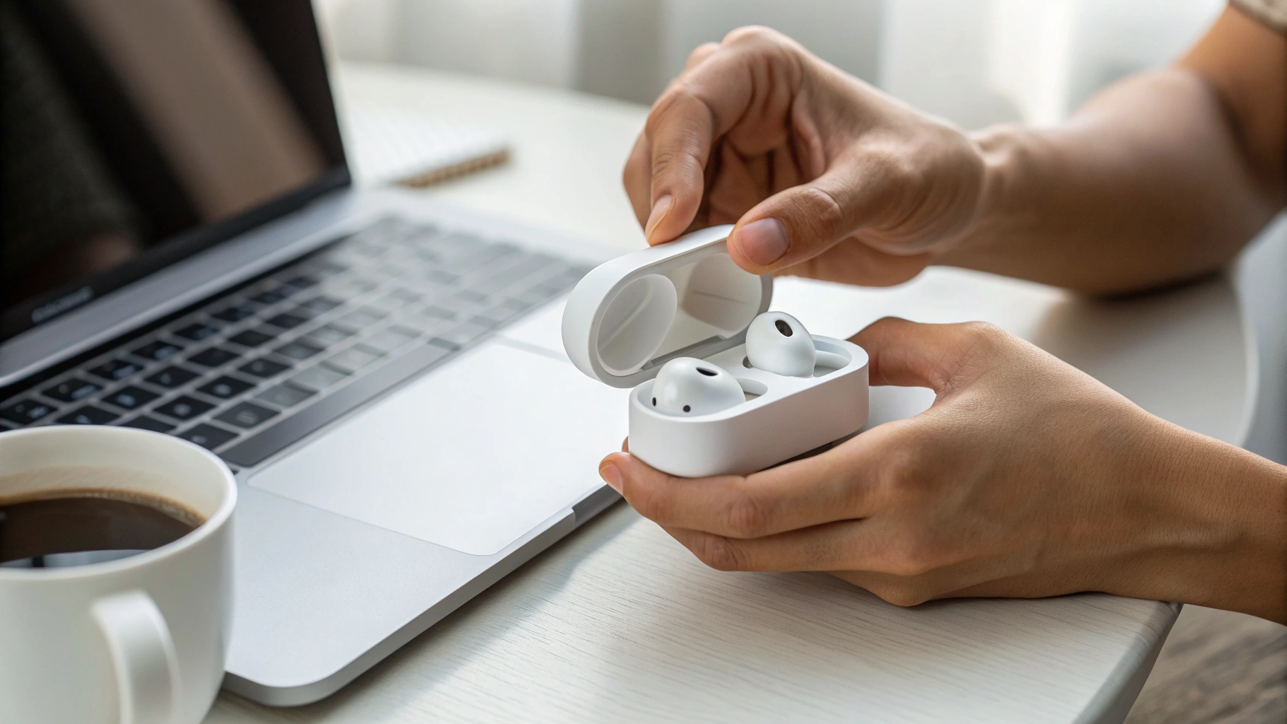 Пользователь убирает TWS-наушники в зарядный кейс рядом с ноутбуком и чашкой кофе