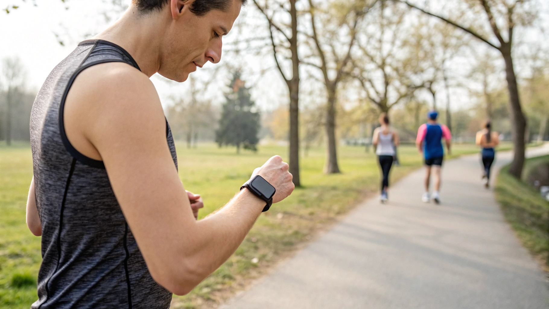 Пользователь смотрит тренировочные данные на смарт-часах во время пробежки