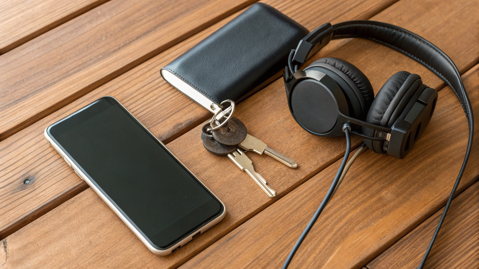 Компактный смартфон с пауэрбанком и аксессуарами на столе