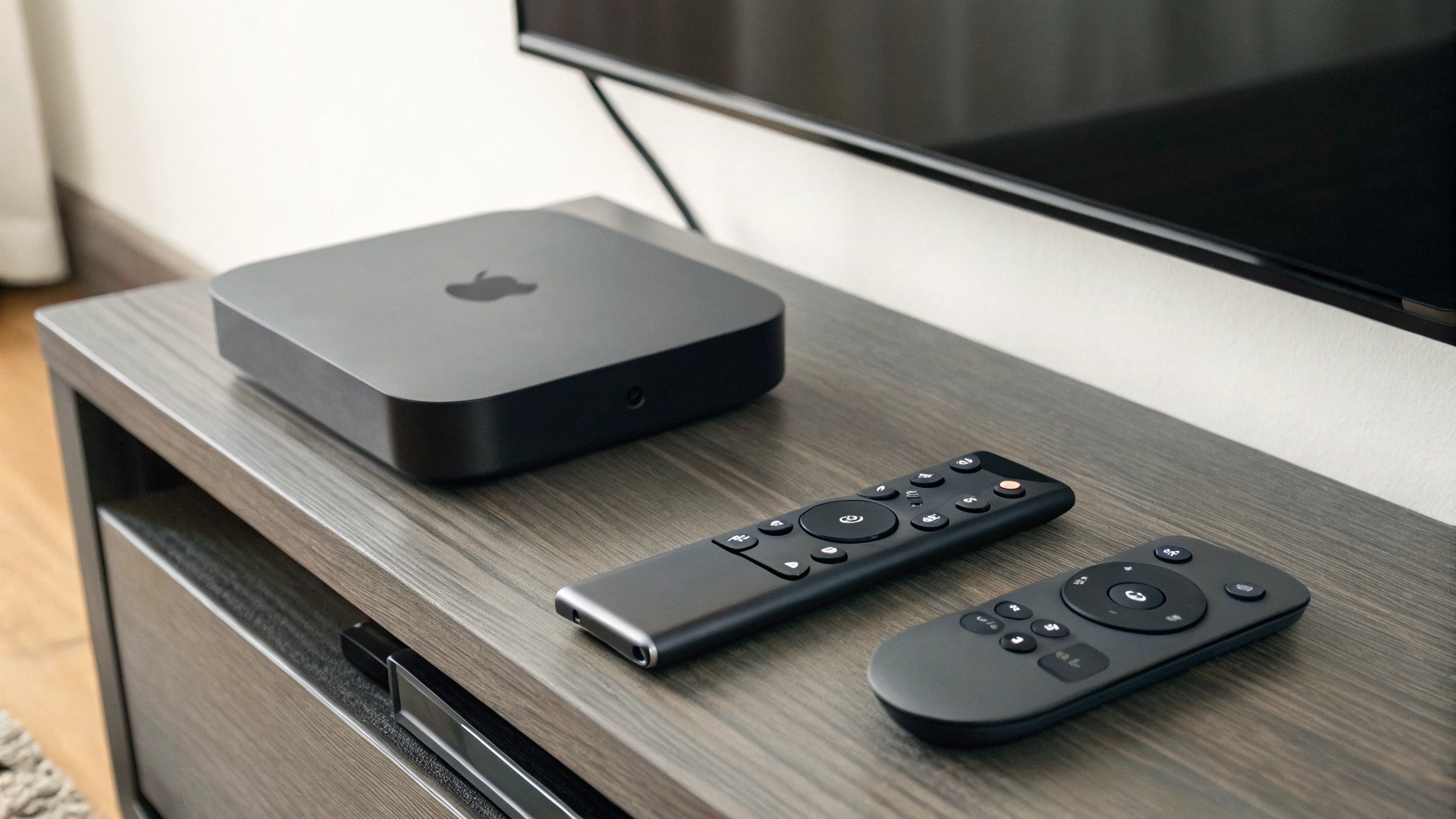 Приставки Apple TV 4K и Android TV рядом под телевизором, на столе лежат пульты