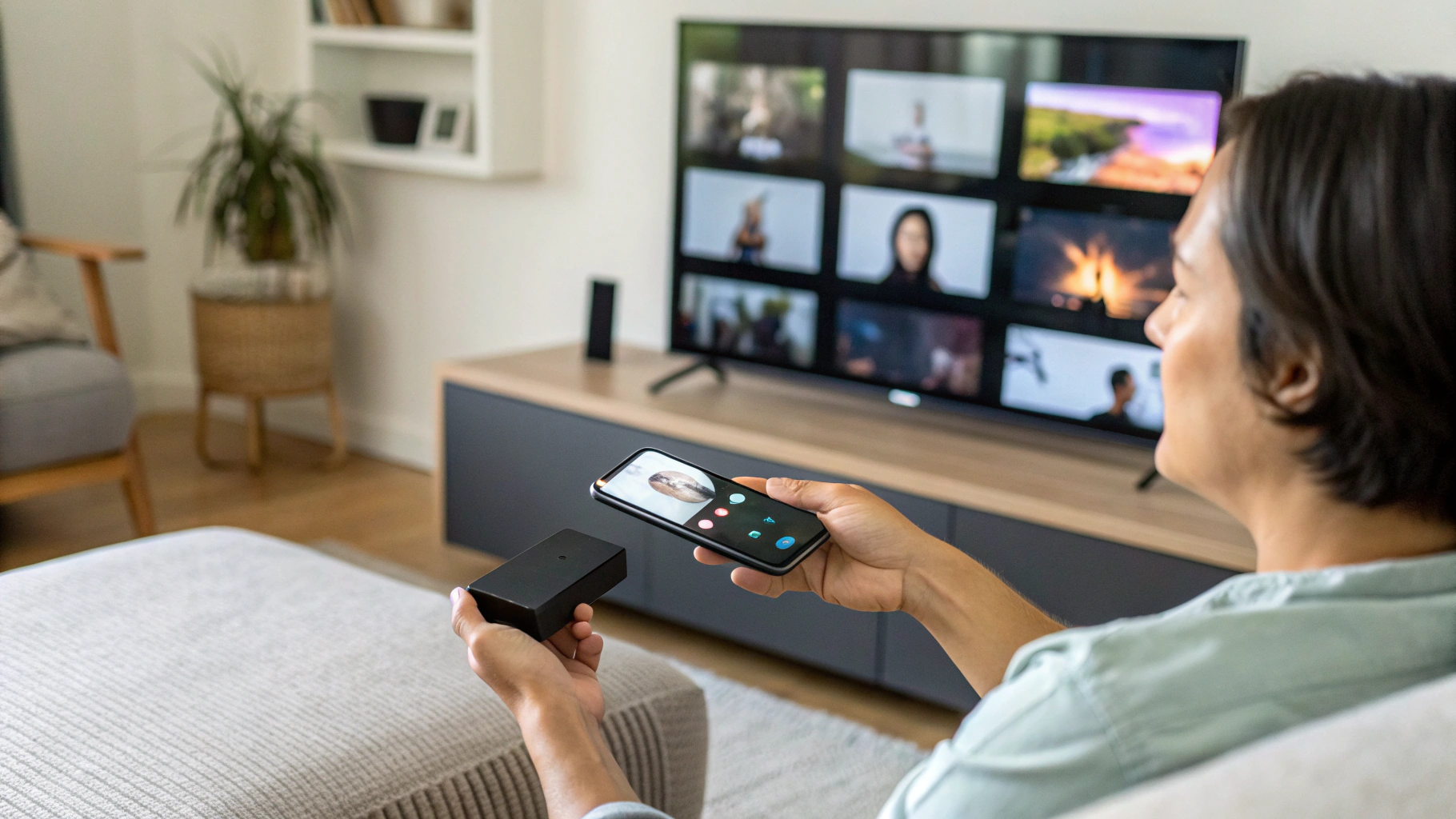 Пользователь выводит видео со смартфона на телевизор через ТВ‑приставку, на экране интерфейс стриминговых приложений