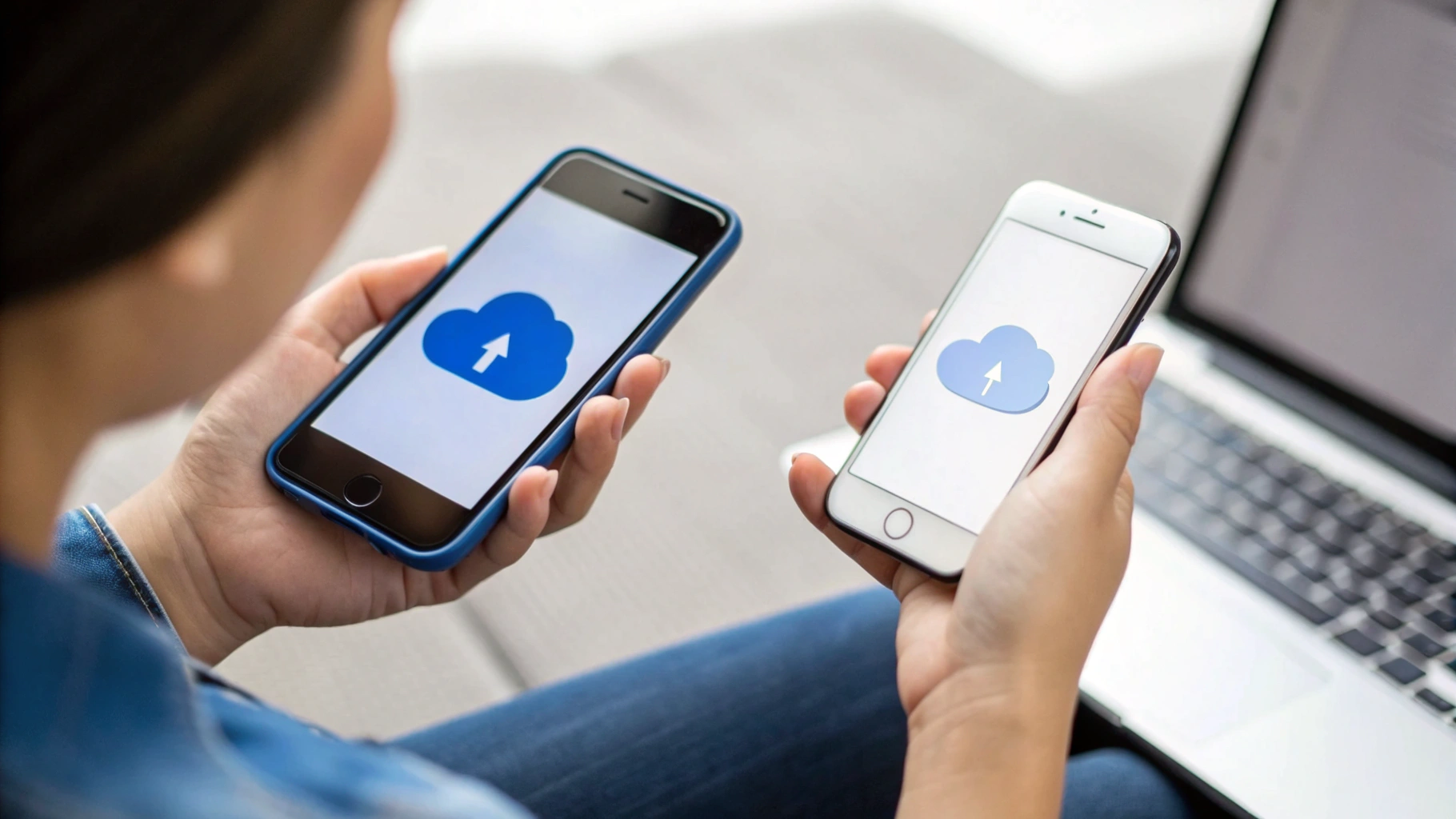 Пользователь держит смартфоны Android и iPhone, проверяя синхронизацию через облако