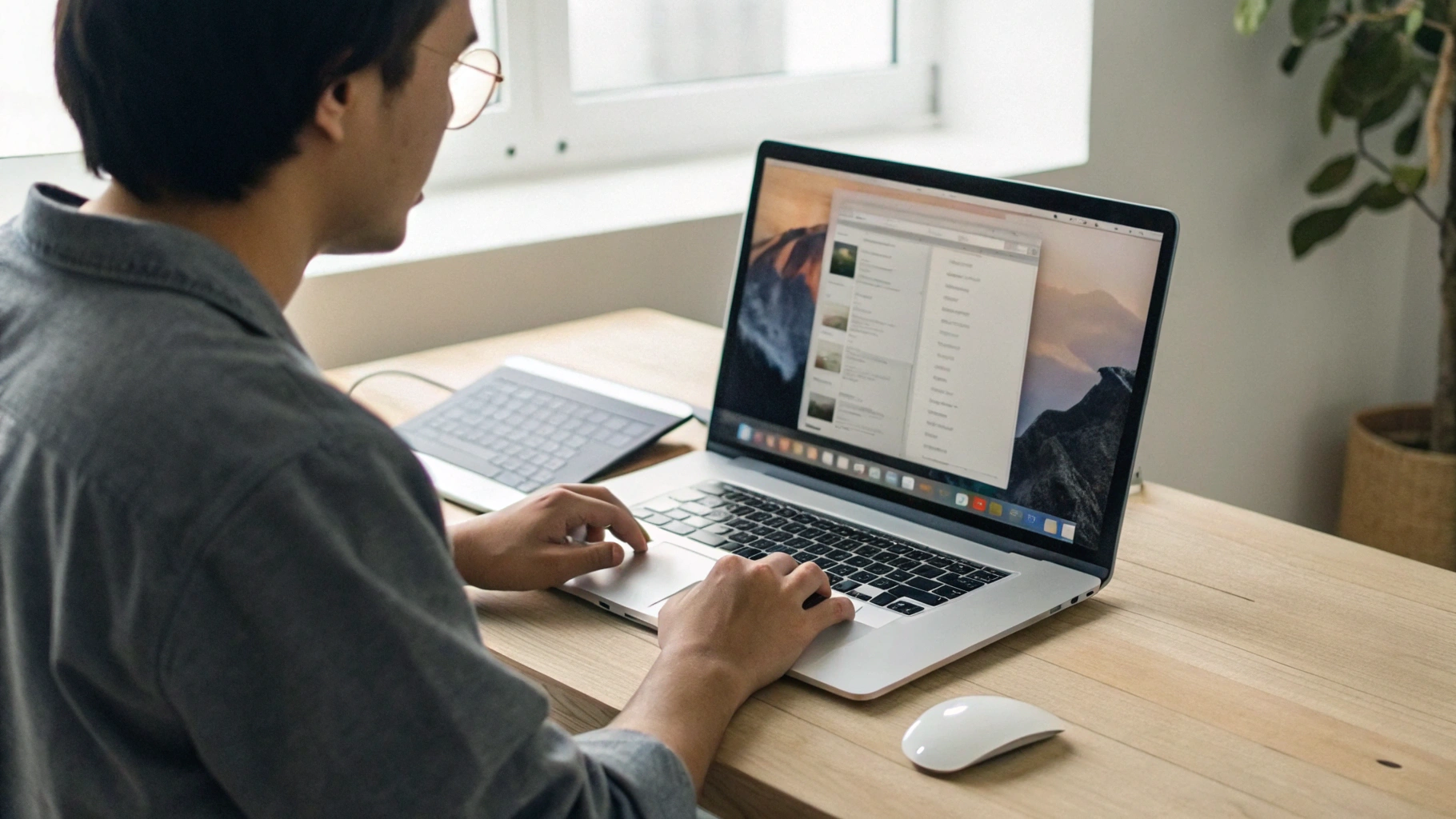 Пользователь проходит мастер первого запуска на экране нового MacBook