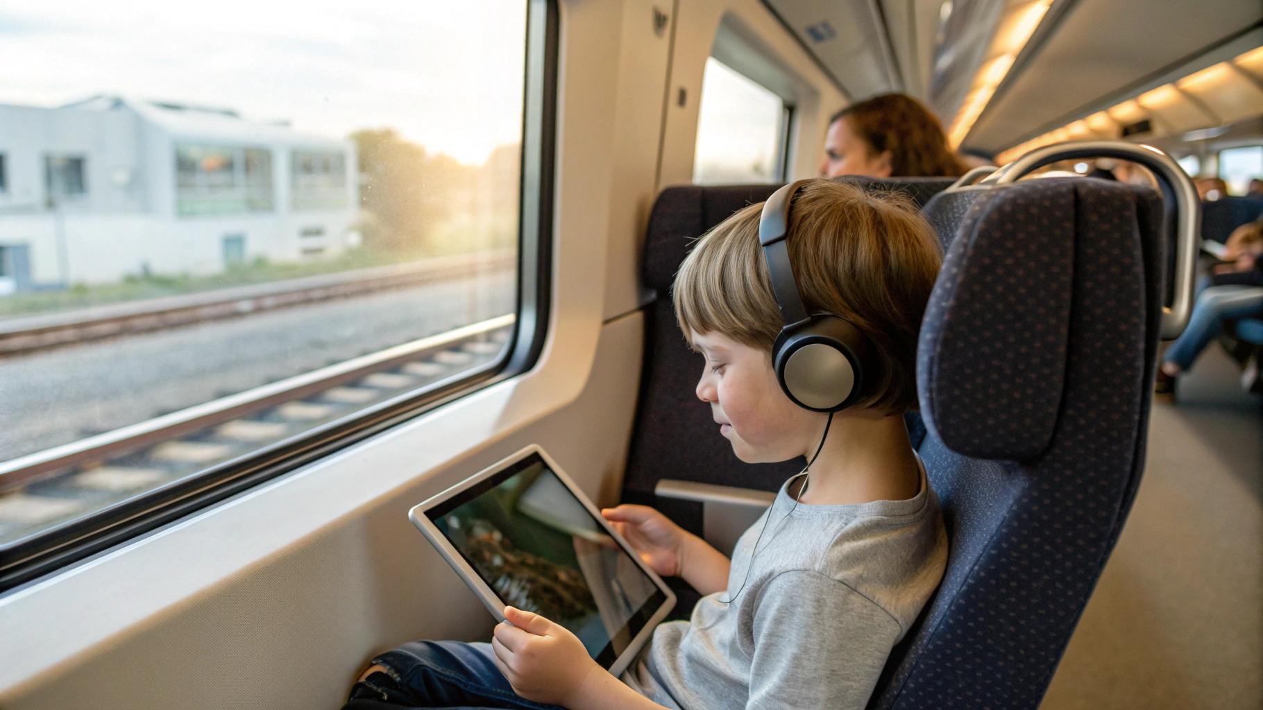 Ребёнок смотрит скачанные мультфильмы на iPad в поездке