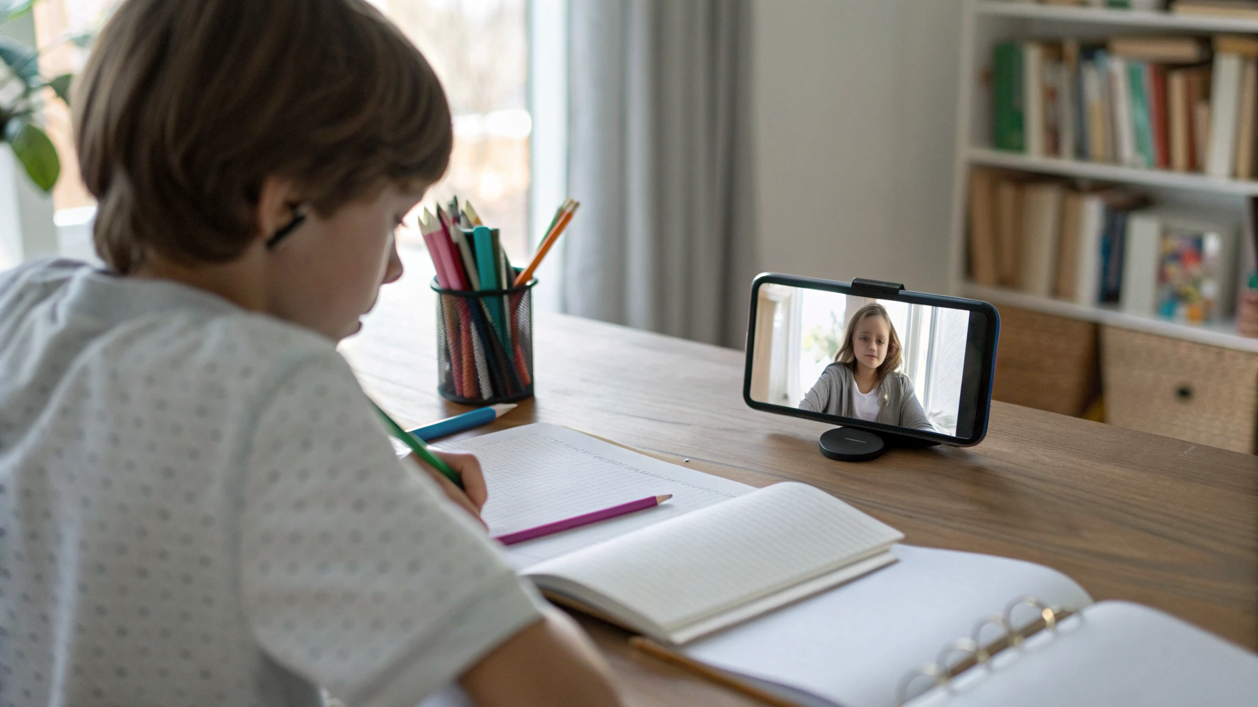 Школьник использует iPhone для видеоурока за письменным столом