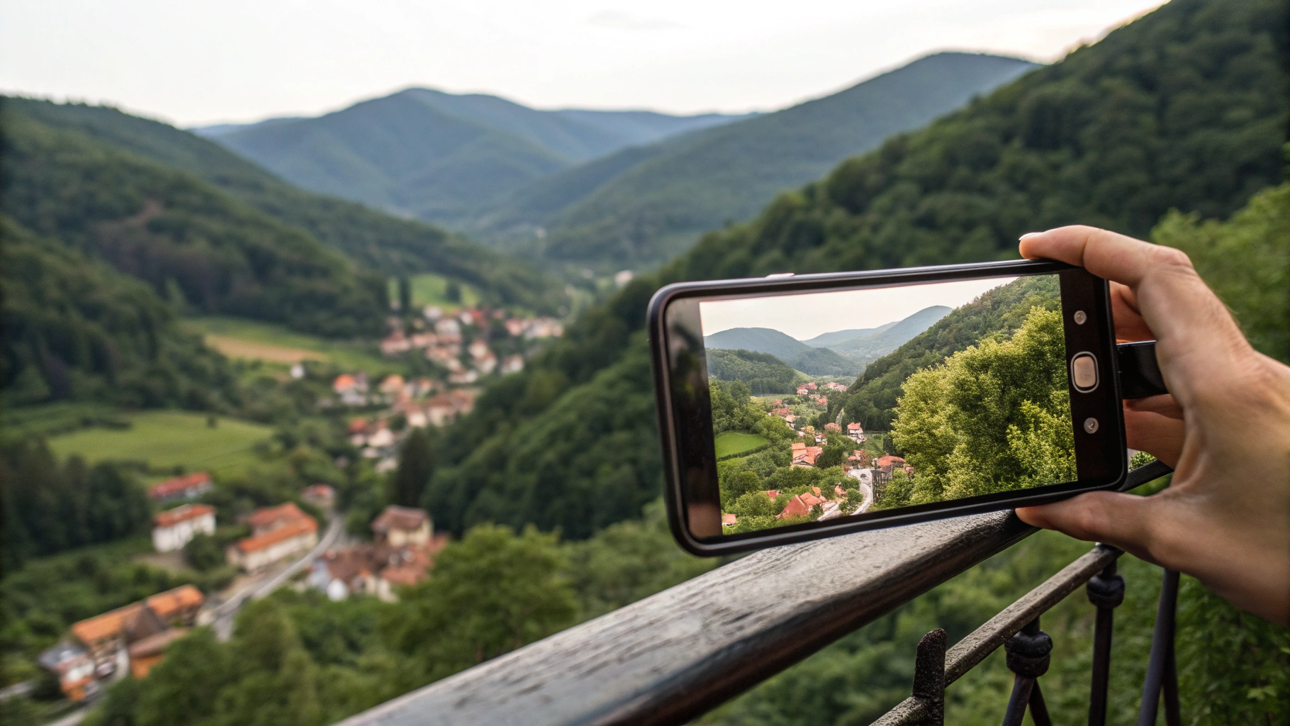 Смартфон снимает удалённую горную деревню с обзорной площадки