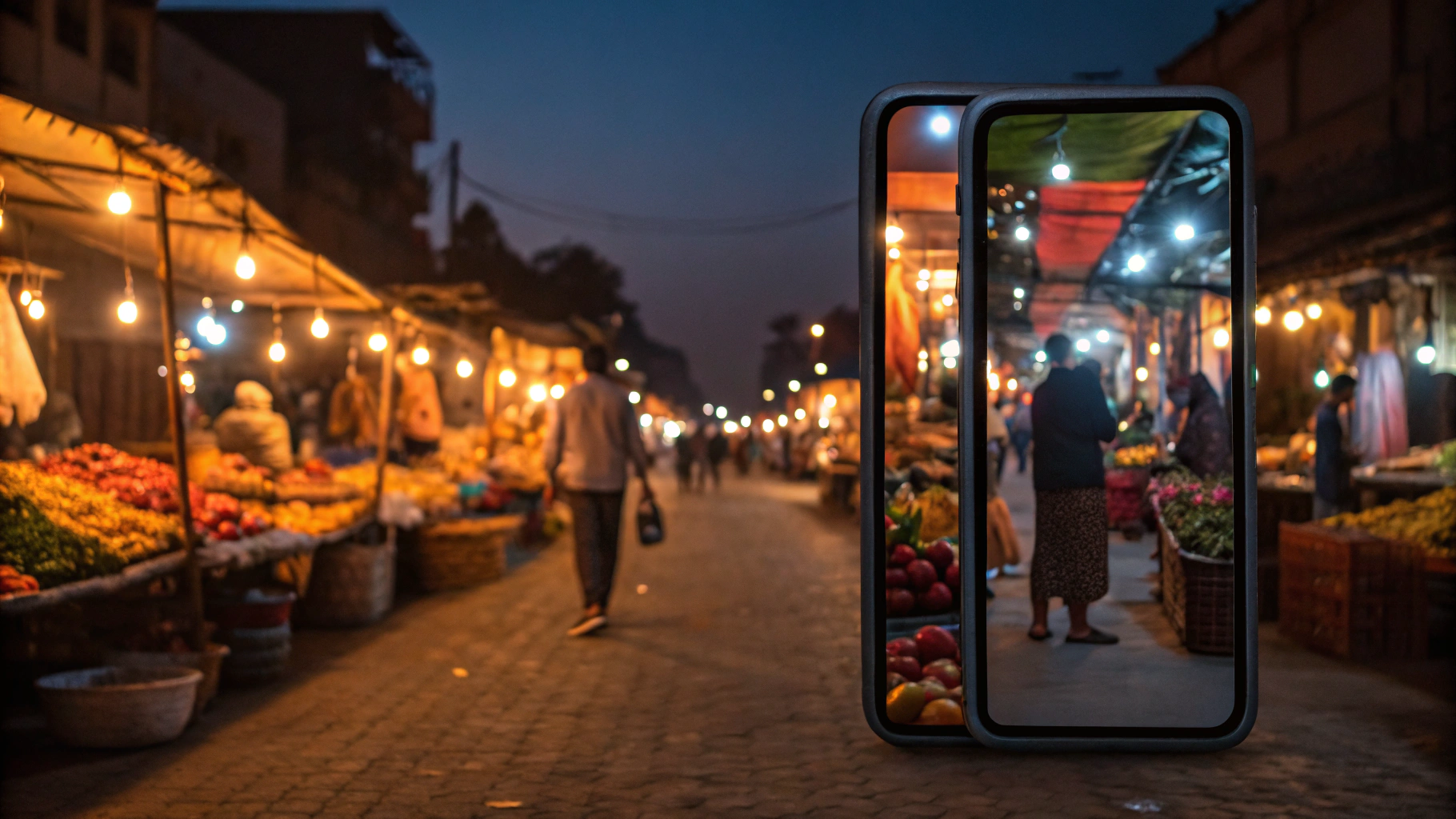 Ночной уличный рынок, который снимают одновременно на два флагманских смартфона