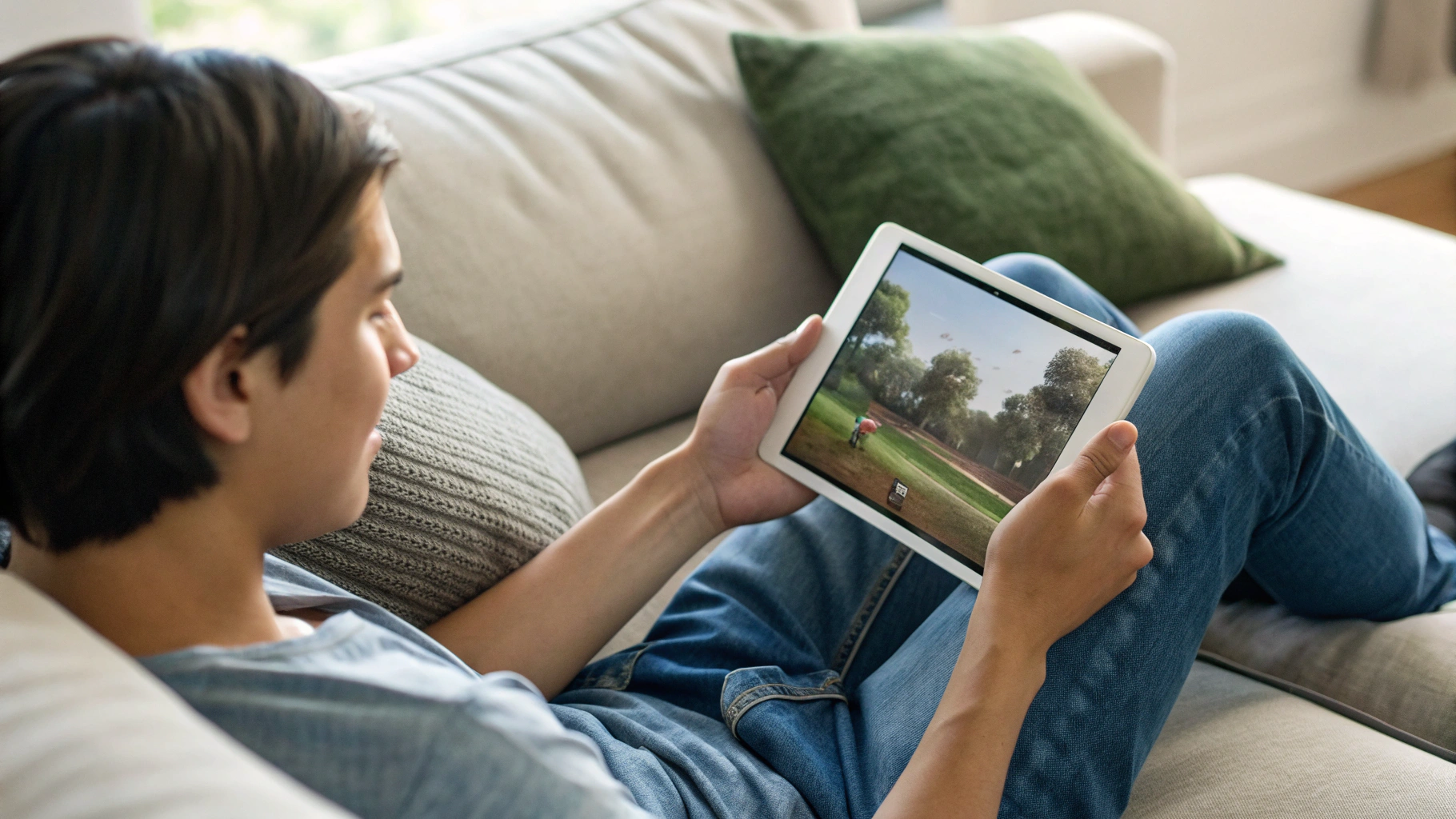 Игры на iPad Air на диване, планшет удобно держать в руках