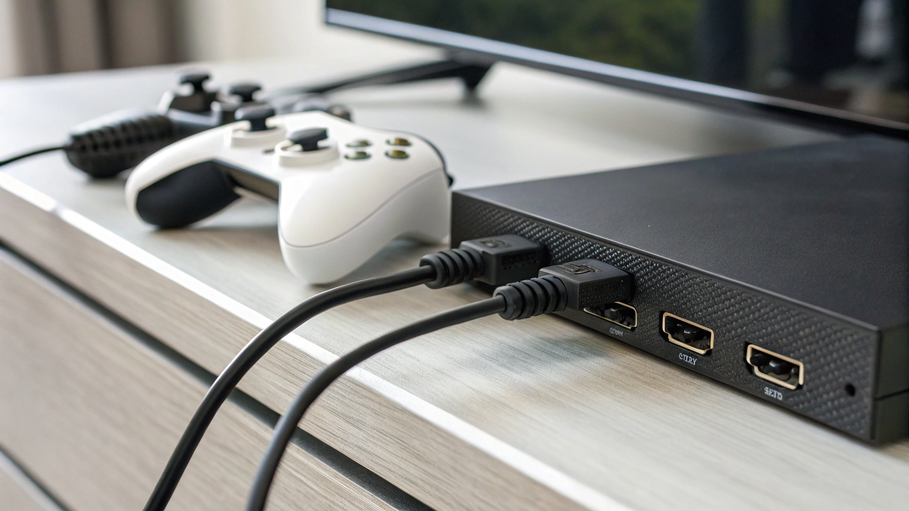 Крупный план HDMI‑портов телевизора с подключёнными Apple TV и игровой приставкой