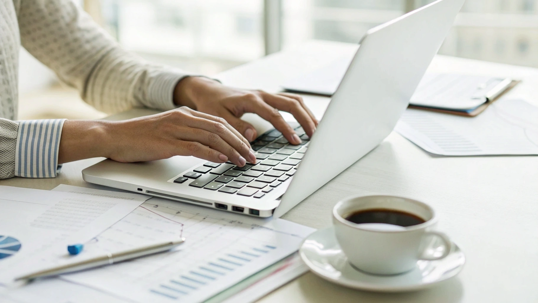 Руки печатают на тонком офисном ноутбуке на столе с документами и чашкой кофе