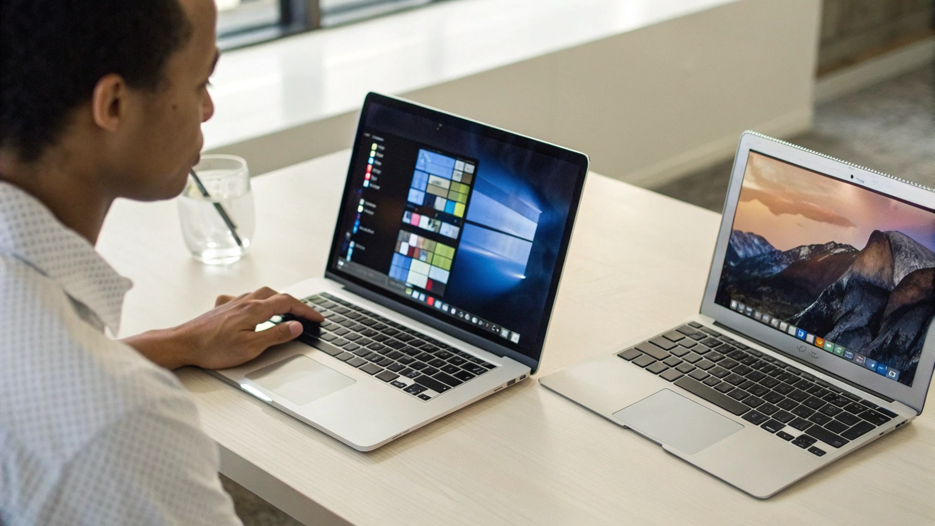 Пользователь сравнивает два ноутбука на столе с открытыми офисными приложениями