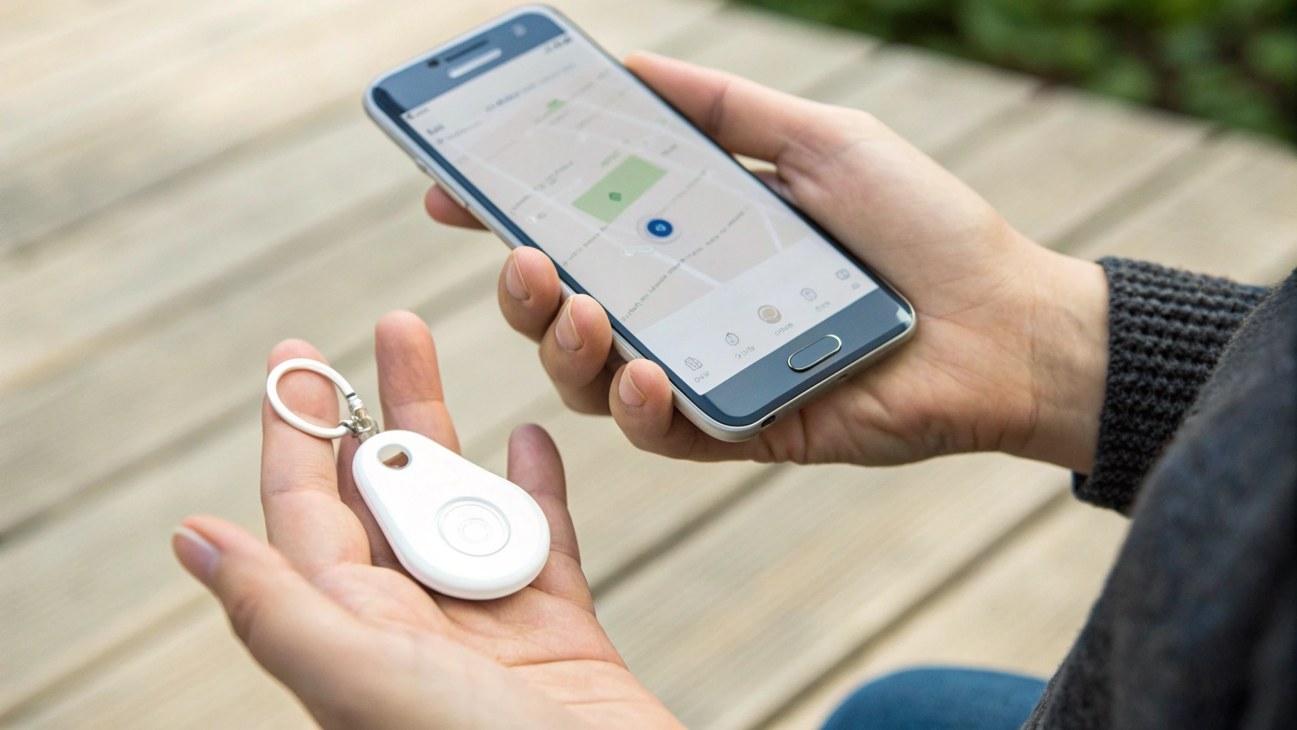 Пользователь держит Samsung SmartTag рядом со смартфоном Galaxy с открытым экраном поиска