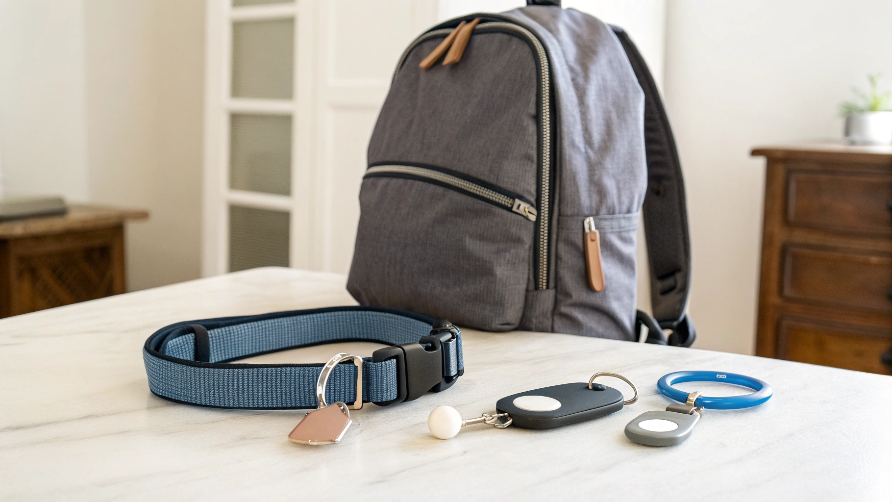 Рюкзак и ошейник питомца с закреплёнными Bluetooth‑трекерами на столе