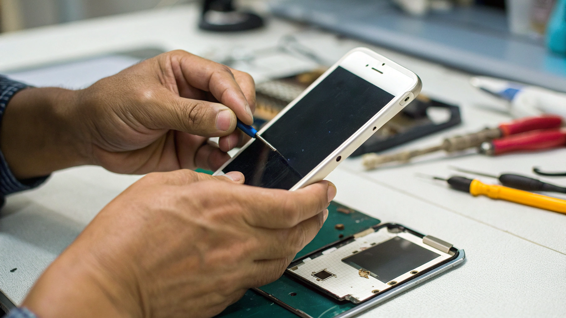 Пользователь внимательно осматривает экран iPhone после замены