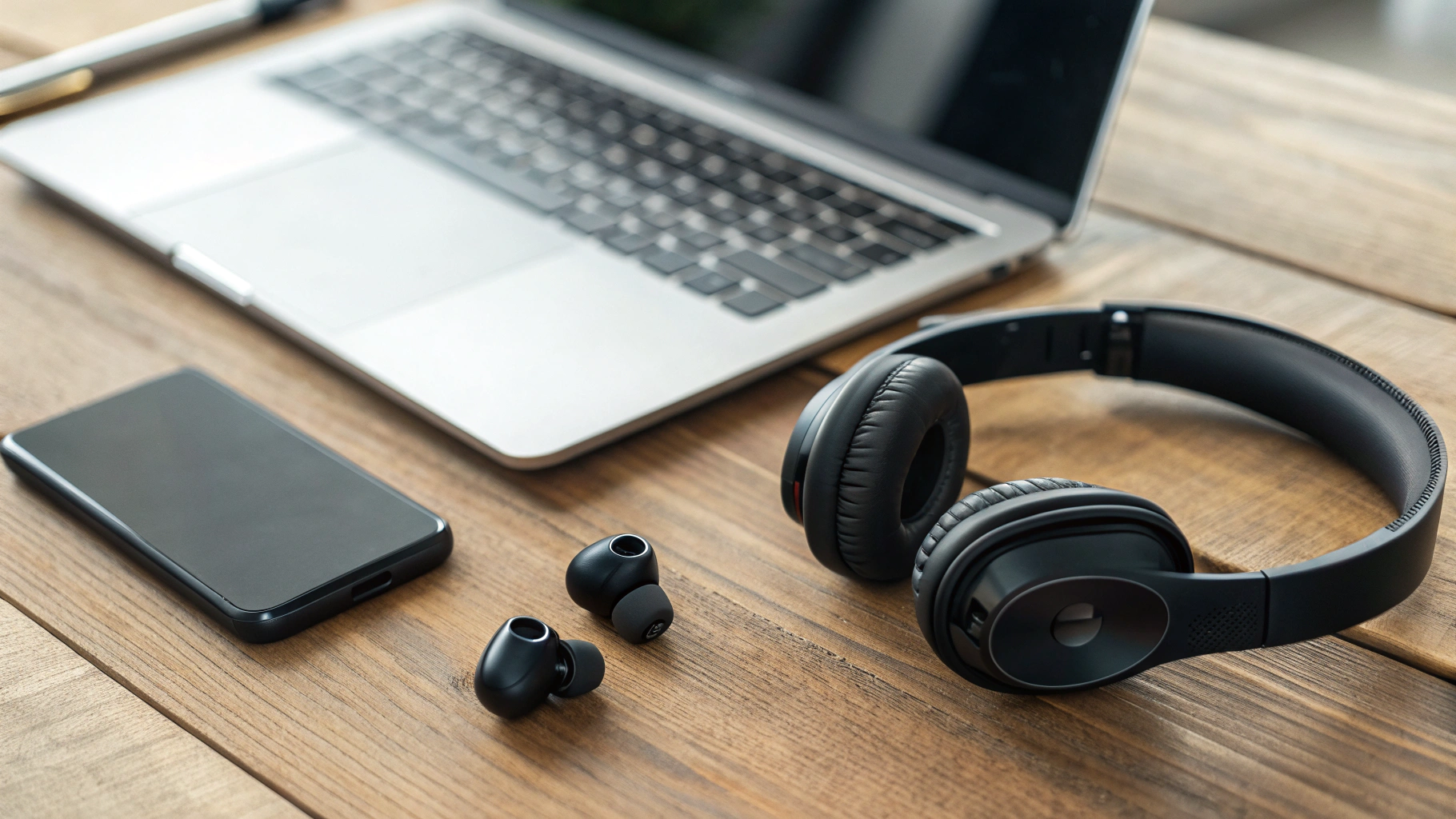TWS-наушники и офисная гарнитура с оголовьем лежат рядом с ноутбуком и смартфоном на столе