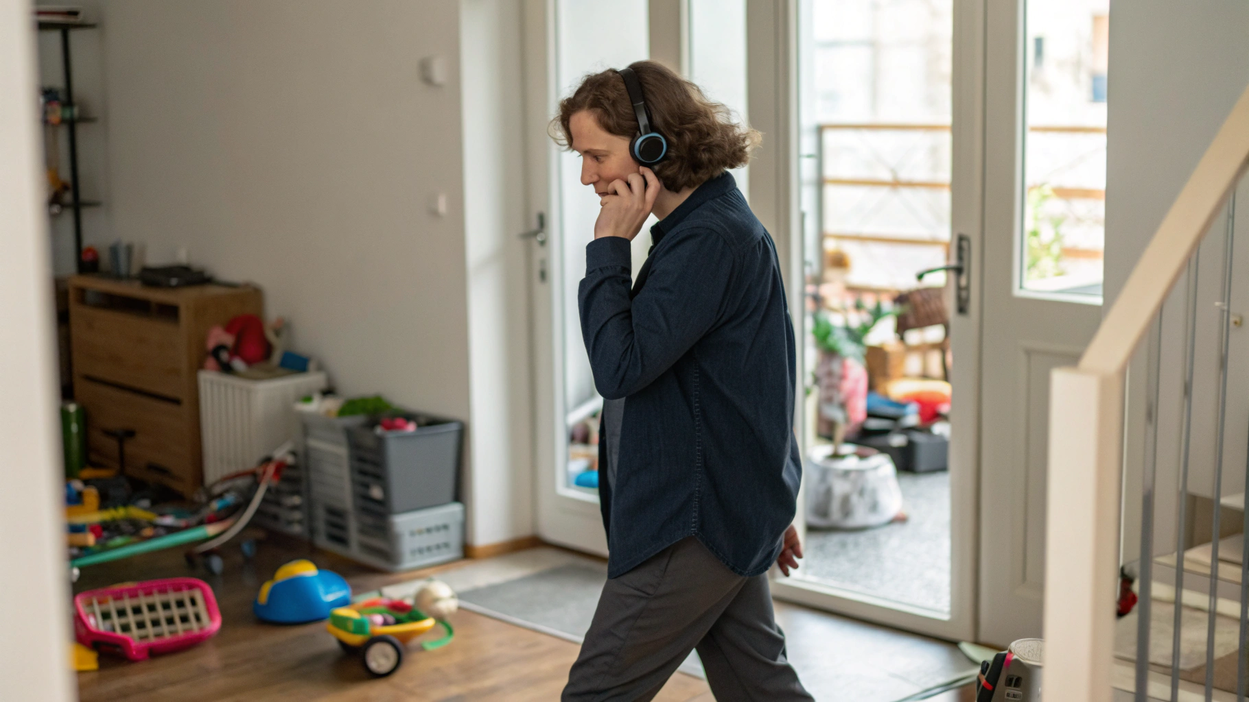 Человек во время рабочего звонка в беспроводной гарнитуре ходит по квартире с фоновым шумом и детскими игрушками