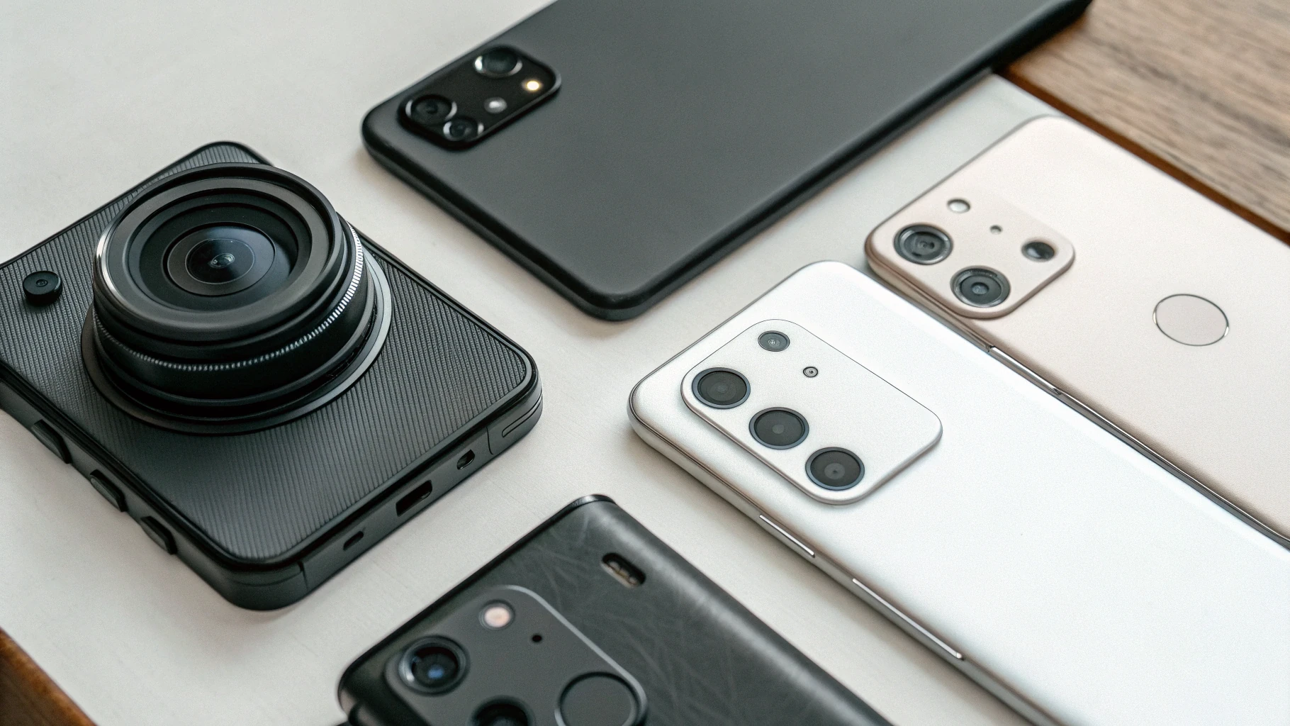 Сравнение Android-смартфонов с хорошей камерой и компактной фотокамеры на столе