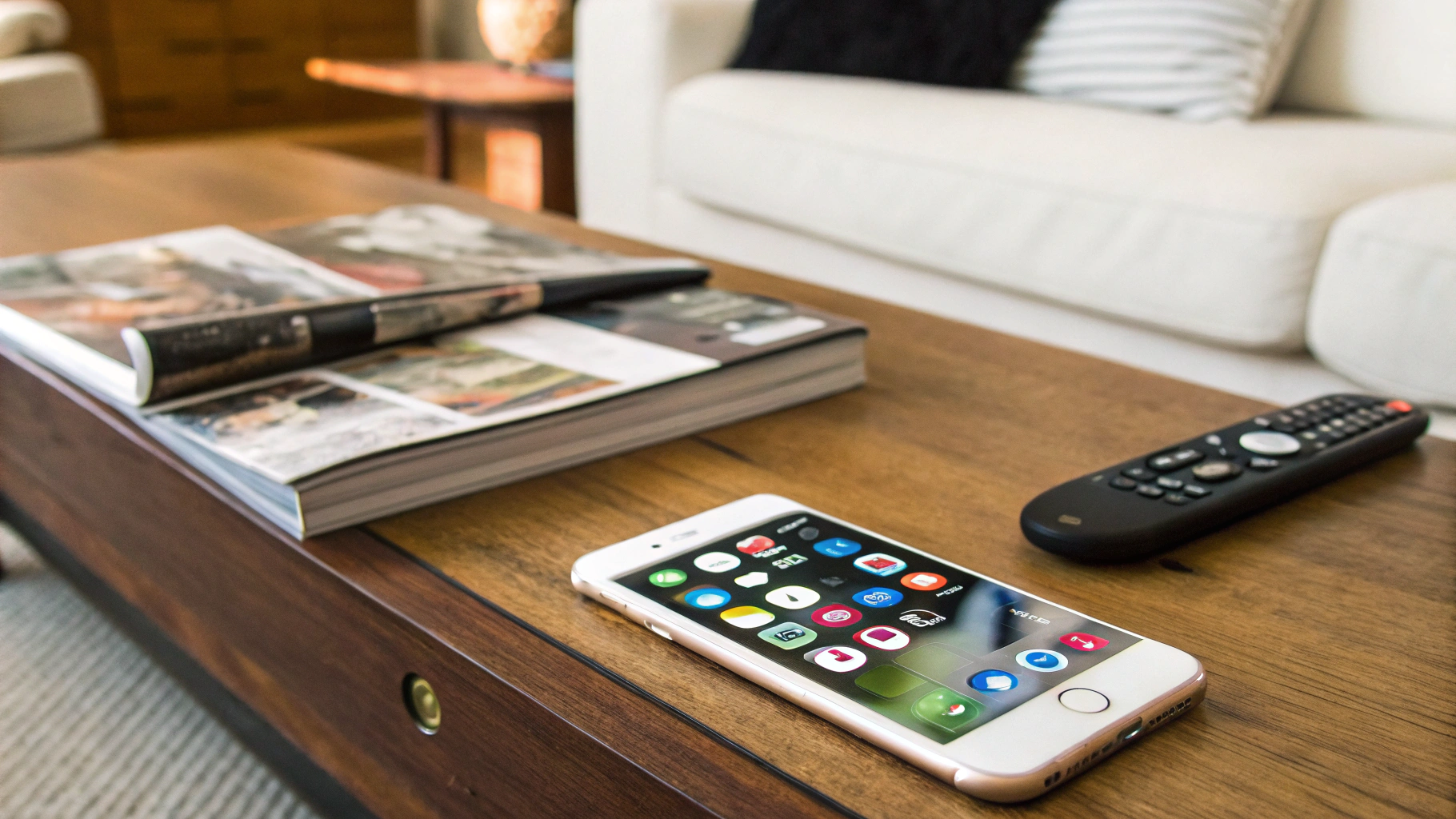 Старый iPhone лежит на столике и используется как домашний пульт и плеер