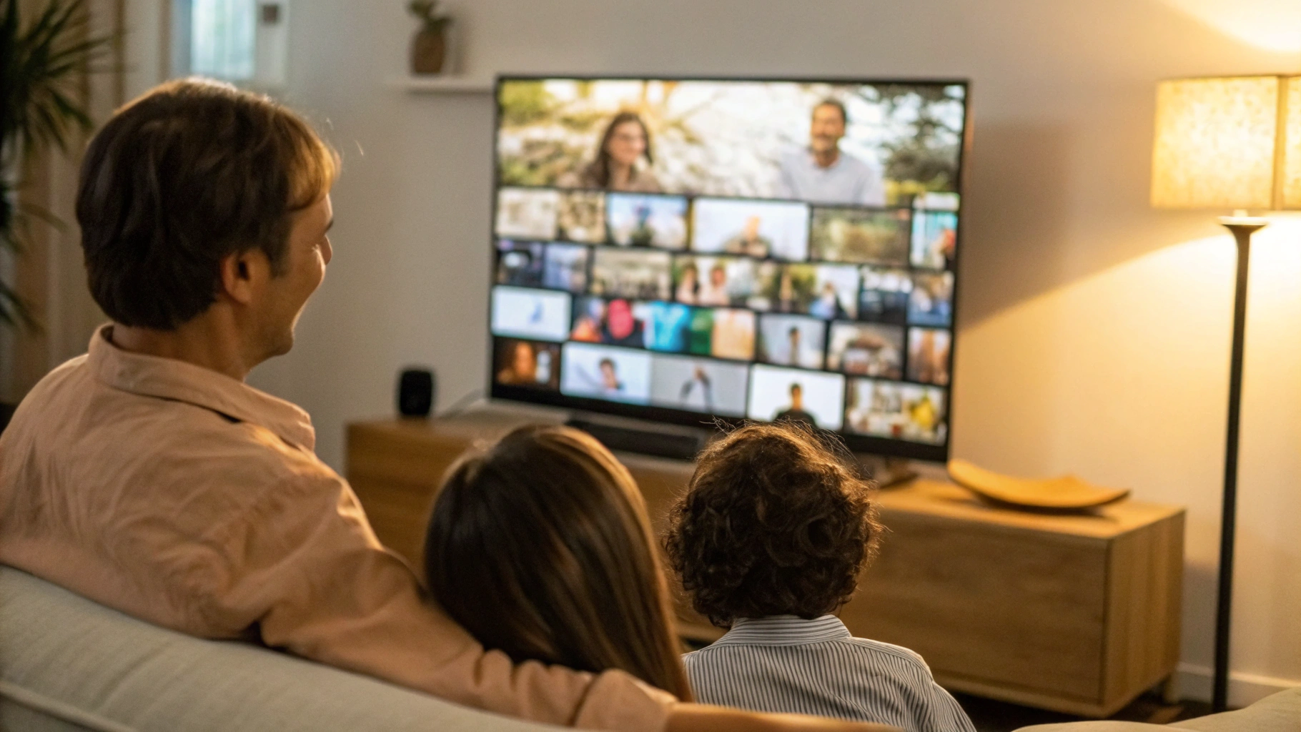 Интерфейс домашнего медиасервера с семейными фото и видео на экране телевизора