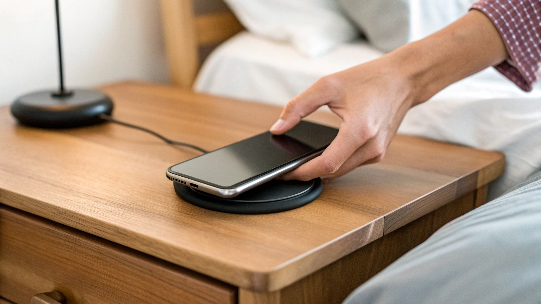 Укладка смартфона на магнитную беспроводную зарядку на прикроватной тумбочке